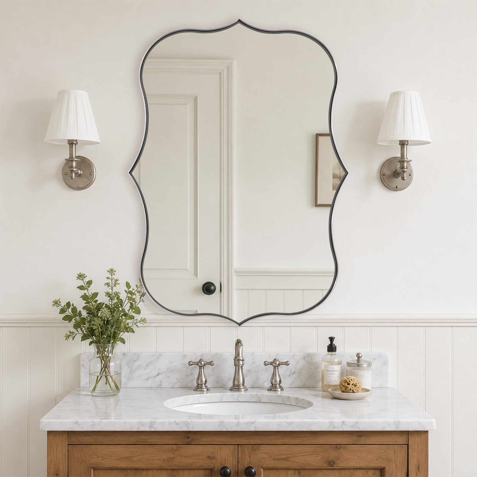 Antique Scalloped Wavy Curved Rectangle Decorative Vanity Mirror | Stainless Steel Frame