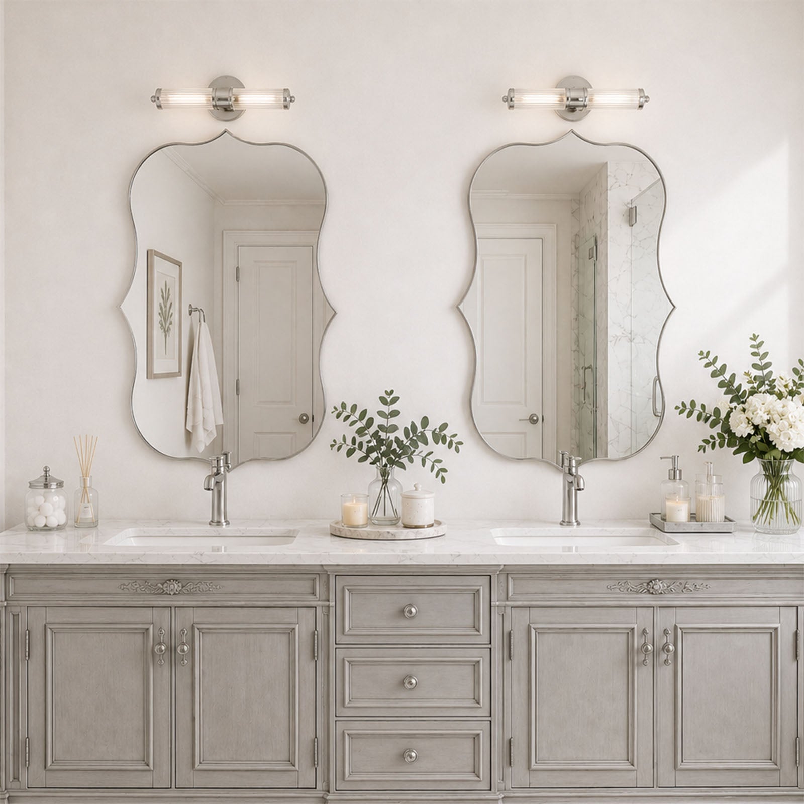 Antique Scalloped Wavy Curved Rectangle Decorative Vanity Mirror | Stainless Steel Frame