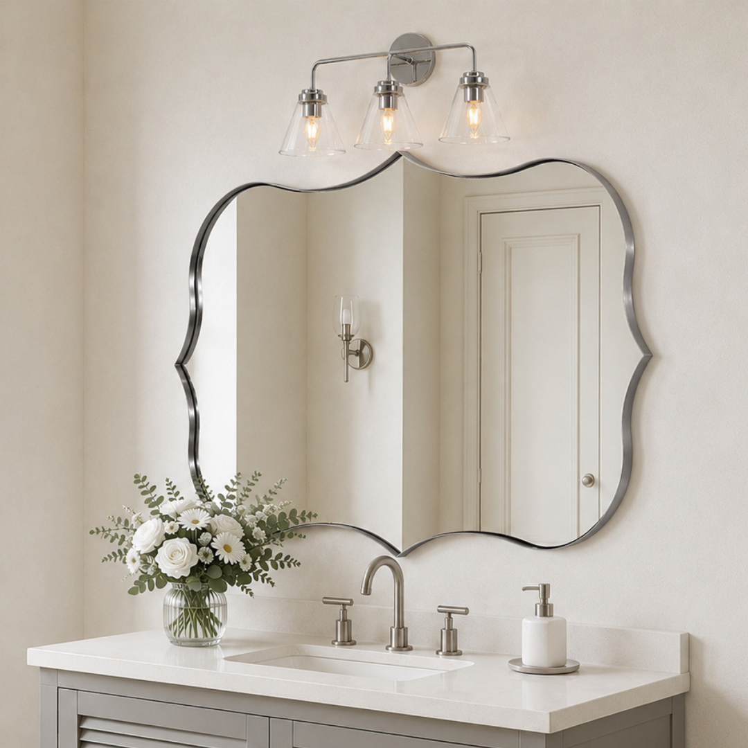 Antique Scalloped Wavy Curved Rectangle Decorative Vanity Mirror | Stainless Steel Frame