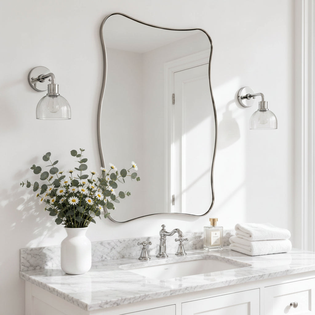 Contemporary Wavy Rectangle Scalloped Bathroom Wall Mirror | Stainless Steel Frame