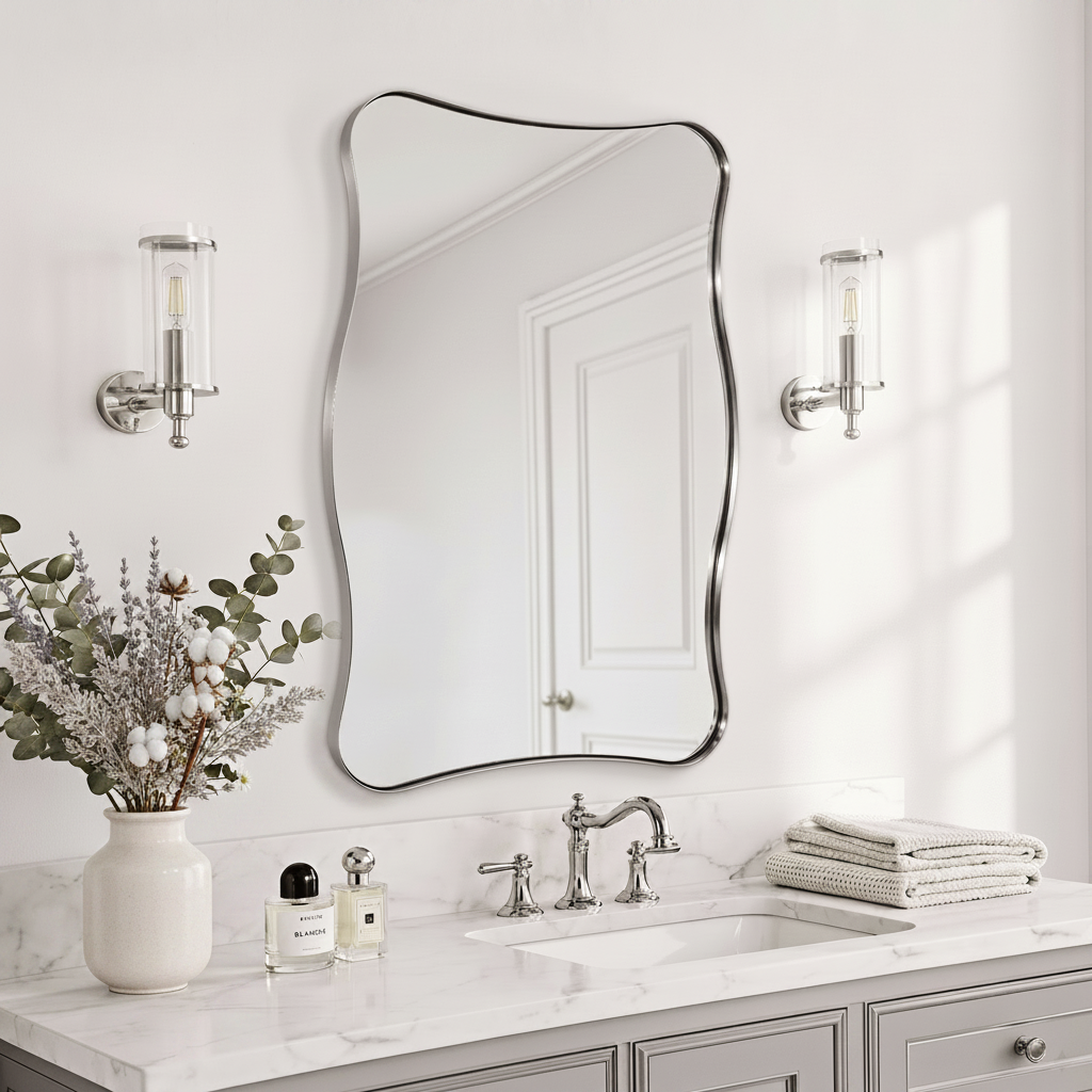 Contemporary Wavy Rectangle Scalloped Bathroom Wall Mirror | Stainless Steel Frame