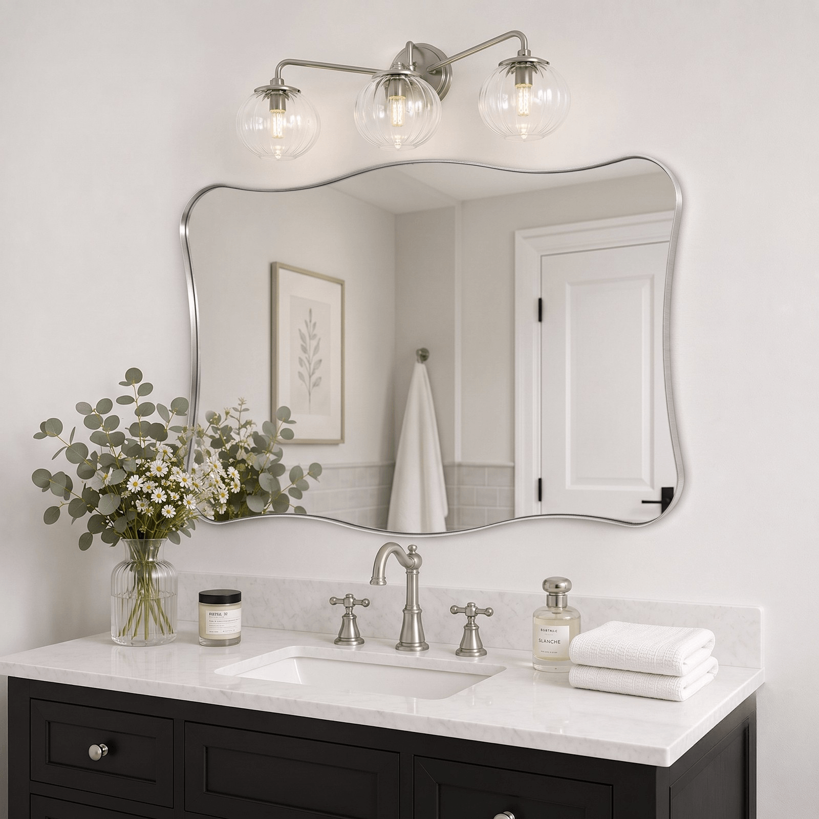 Contemporary Wavy Rectangle Scalloped Bathroom Wall Mirror | Stainless Steel Frame