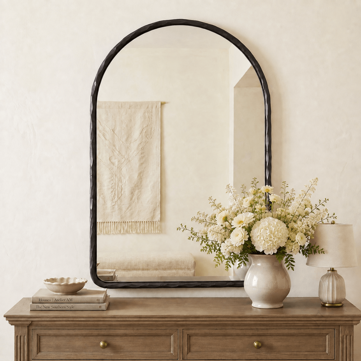 Antique Hand-Forged Iron Framed Arched Wrought Iron Bathroom Wall Mirror