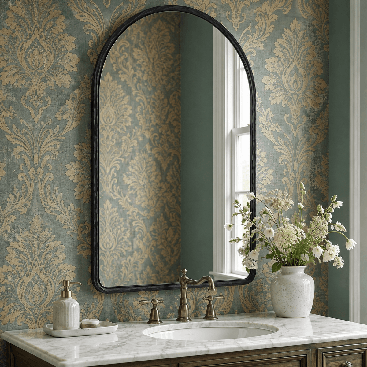 Antique Hand-Forged Iron Framed Arched Wrought Iron Bathroom Wall Mirror
