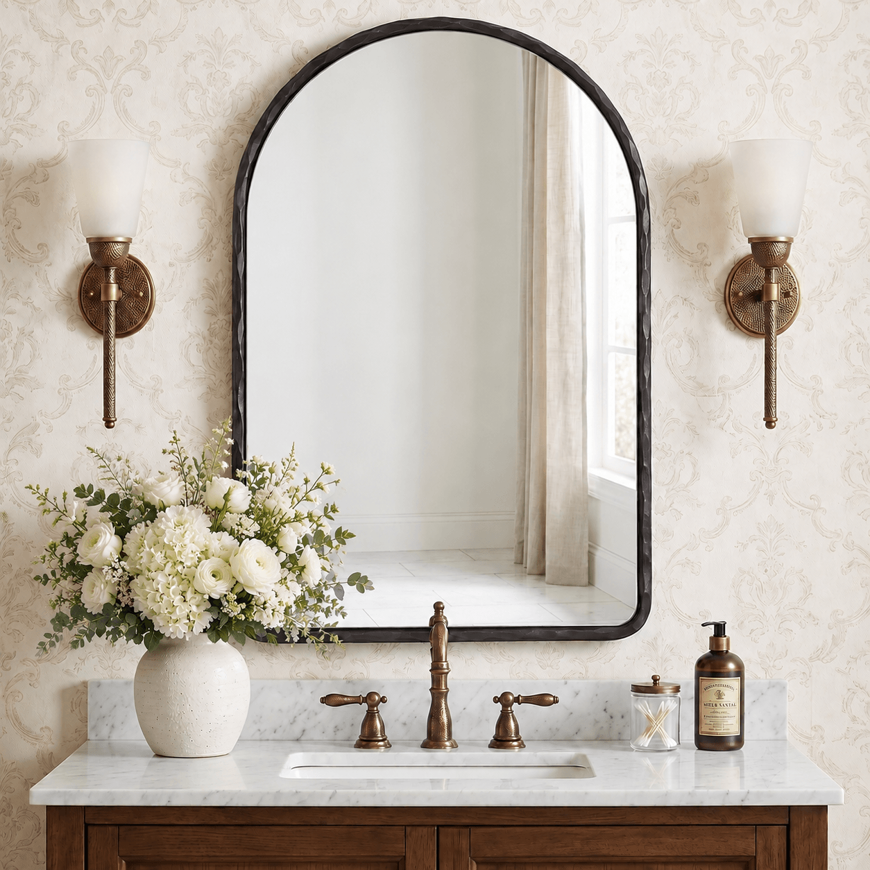 Antique Hand-Forged Iron Framed Arched Wrought Iron Bathroom Wall Mirror