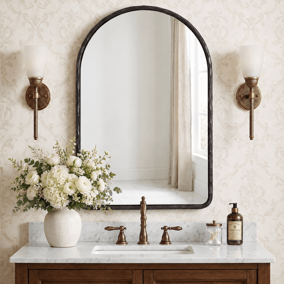Antique Hand-Forged Iron Framed Arched Wrought Iron Bathroom Wall Mirror