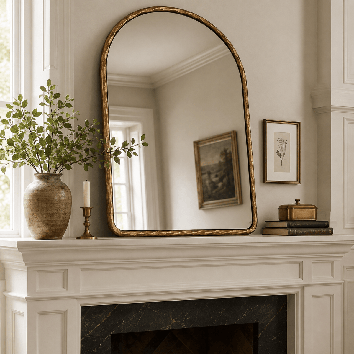 Antique Hand-Forged Iron Framed Arched Wrought Iron Bathroom Wall Mirror