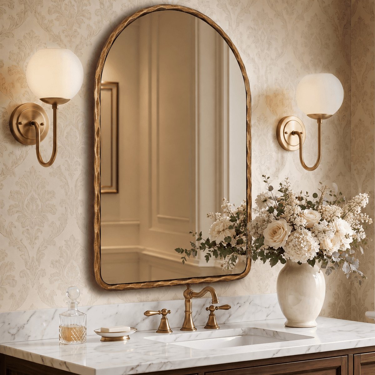 Antique Hand-Forged Iron Framed Arched Wrought Iron Bathroom Wall Mirror