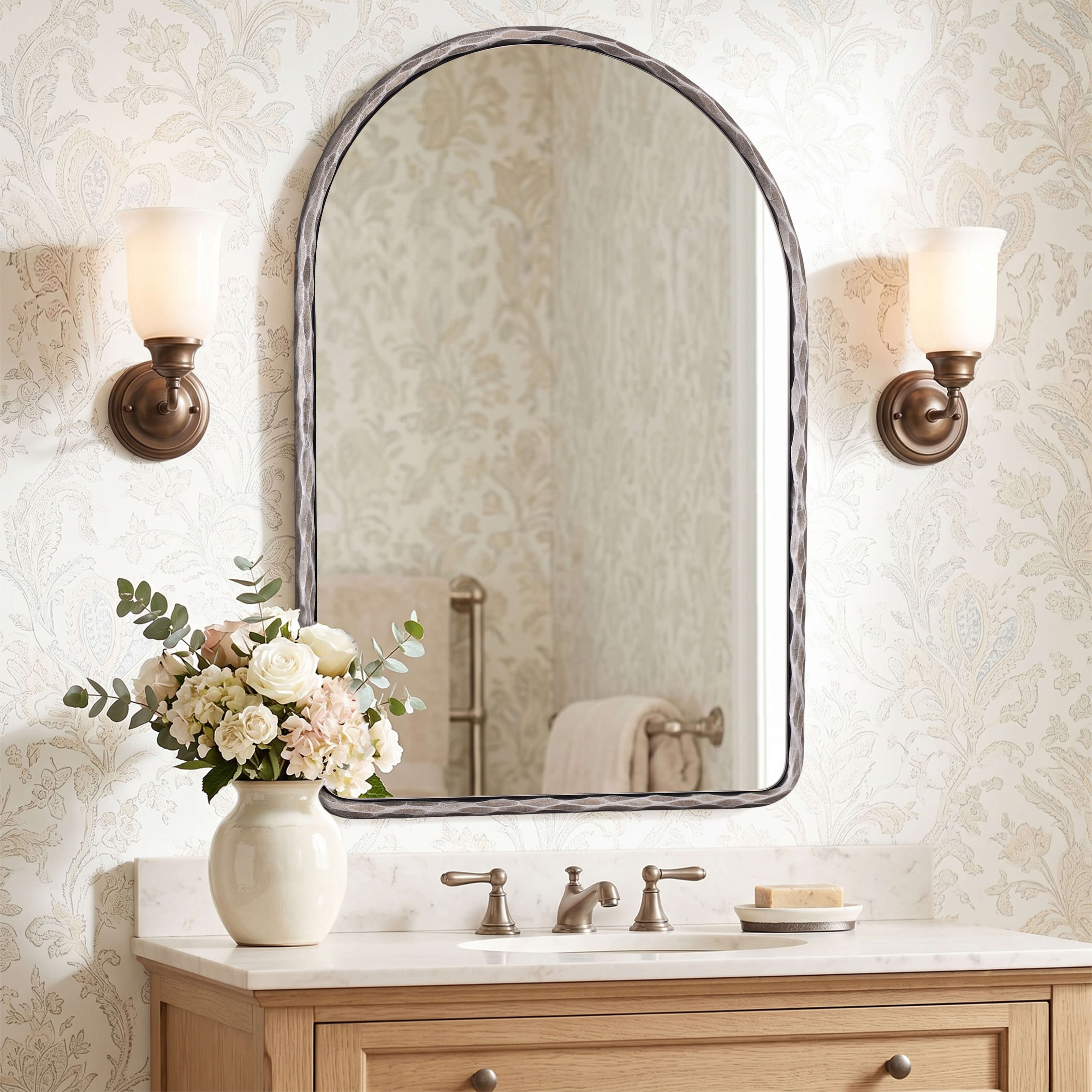 Antique Hand-Forged Iron Framed Arched Wrought Iron Bathroom Wall Mirror