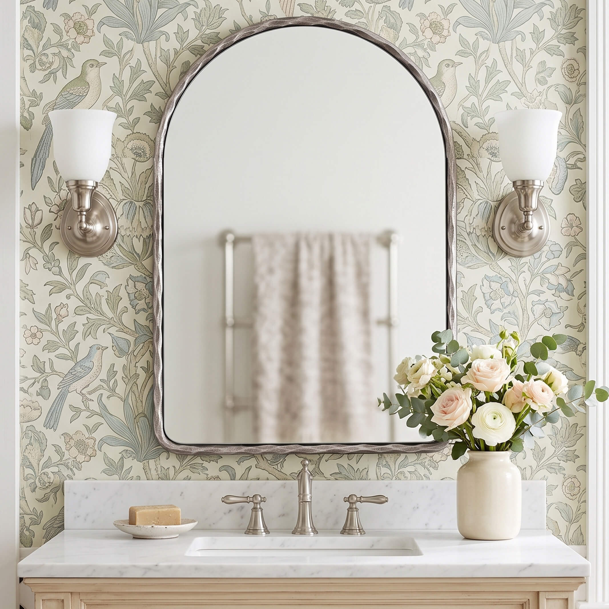 Antique Hand-Forged Iron Framed Arched Wrought Iron Bathroom Wall Mirror