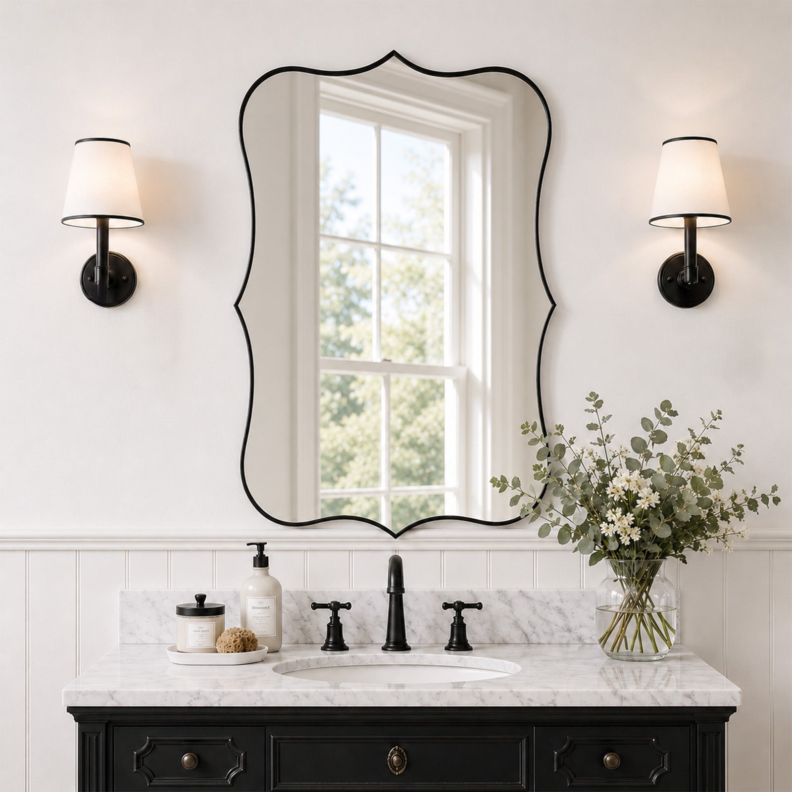 Antique Scalloped Wavy Curved Rectangle Decorative Vanity Mirror | Stainless Steel Frame