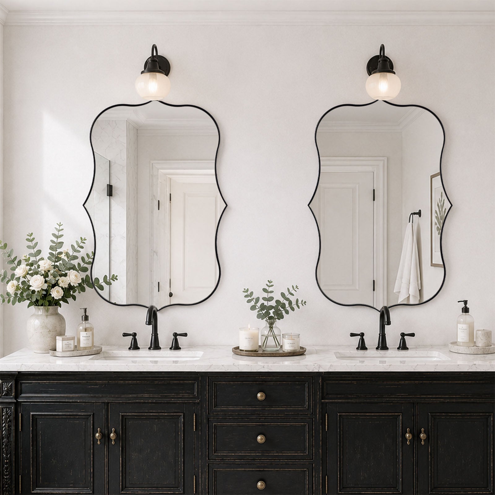 Antique Scalloped Wavy Curved Rectangle Decorative Vanity Mirror | Stainless Steel Frame