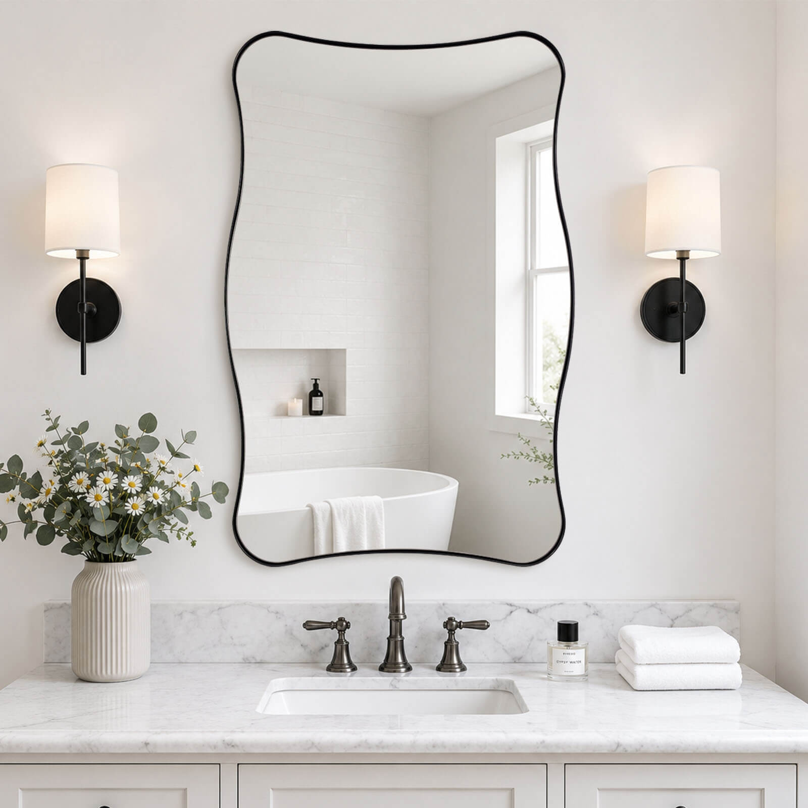 Contemporary Wavy Rectangle Scalloped Bathroom Wall Mirror | Stainless Steel Frame
