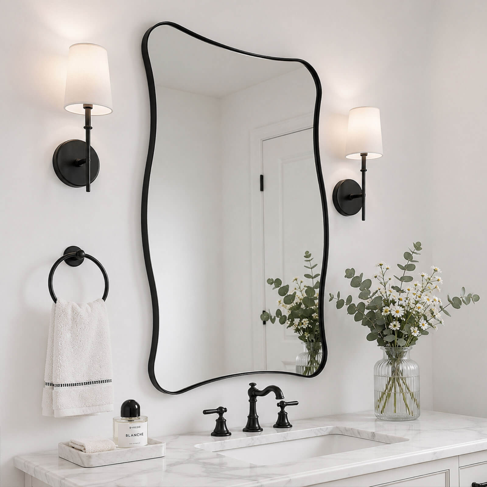 Contemporary Wavy Rectangle Scalloped Bathroom Wall Mirror | Stainless Steel Frame