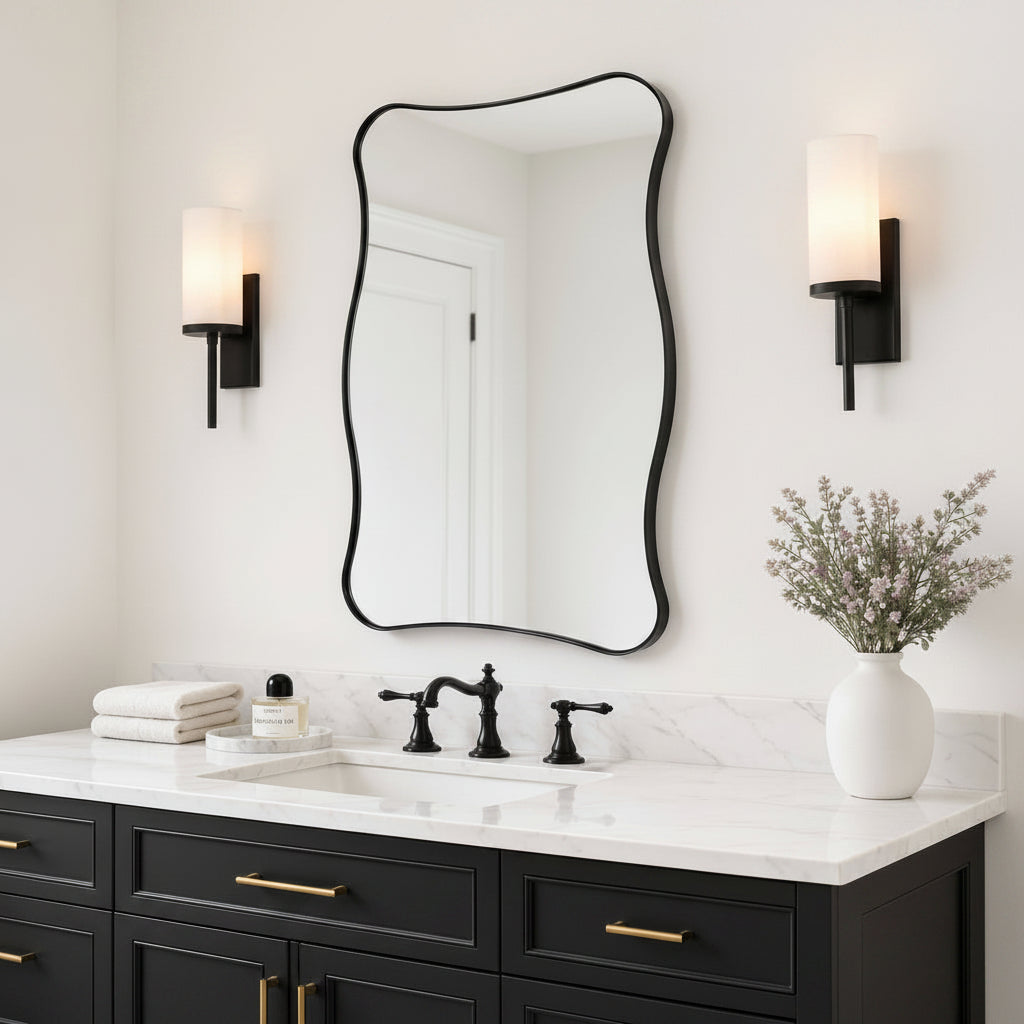 Contemporary Wavy Rectangle Scalloped Bathroom Wall Mirror | Stainless Steel Frame