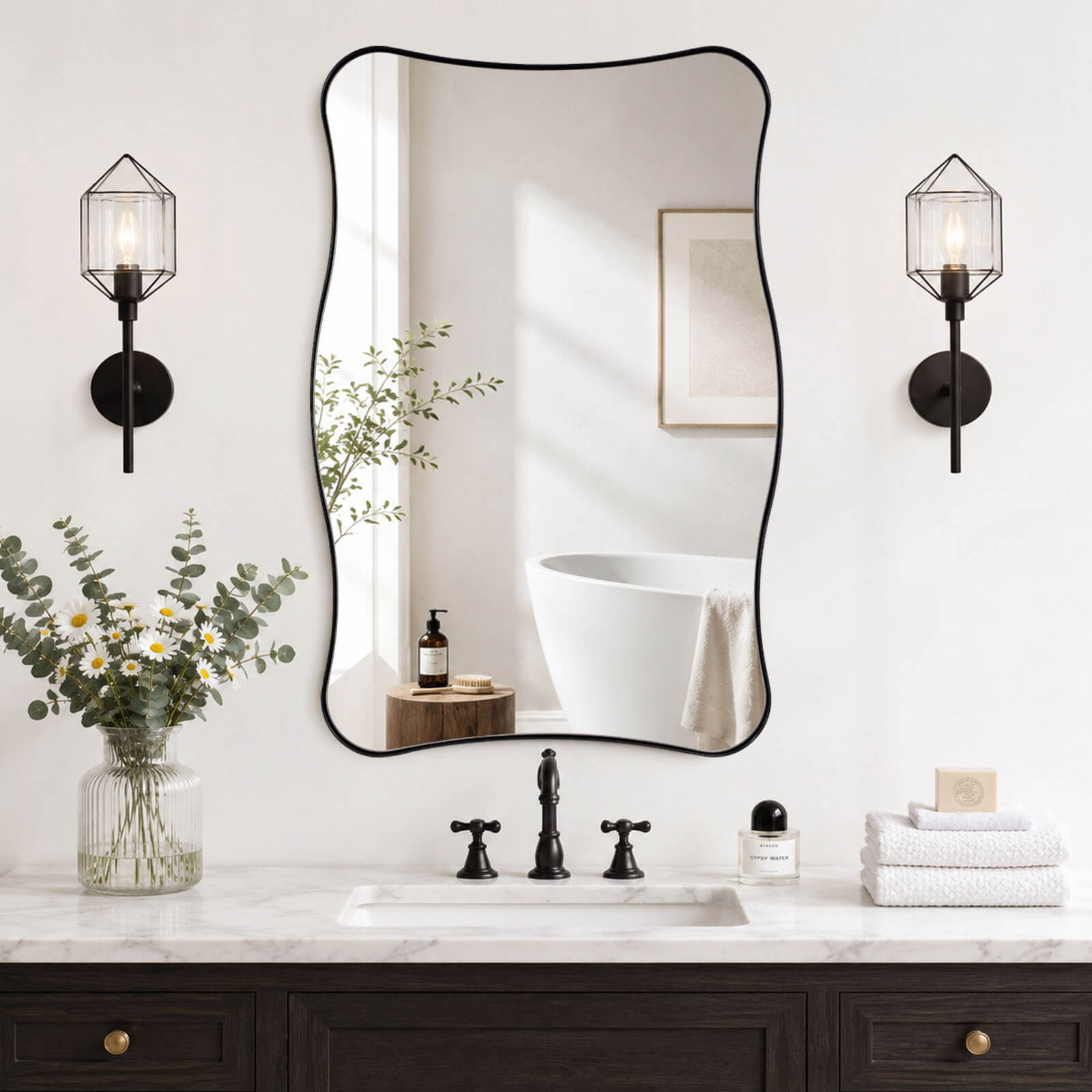 Contemporary Wavy Rectangle Scalloped Bathroom Wall Mirror | Stainless Steel Frame