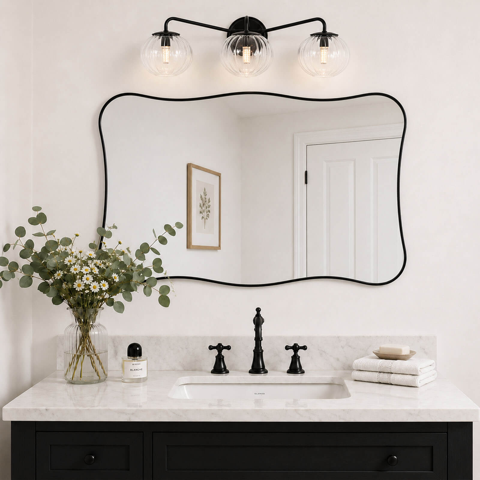 Contemporary Wavy Rectangle Scalloped Bathroom Wall Mirror | Stainless Steel Frame