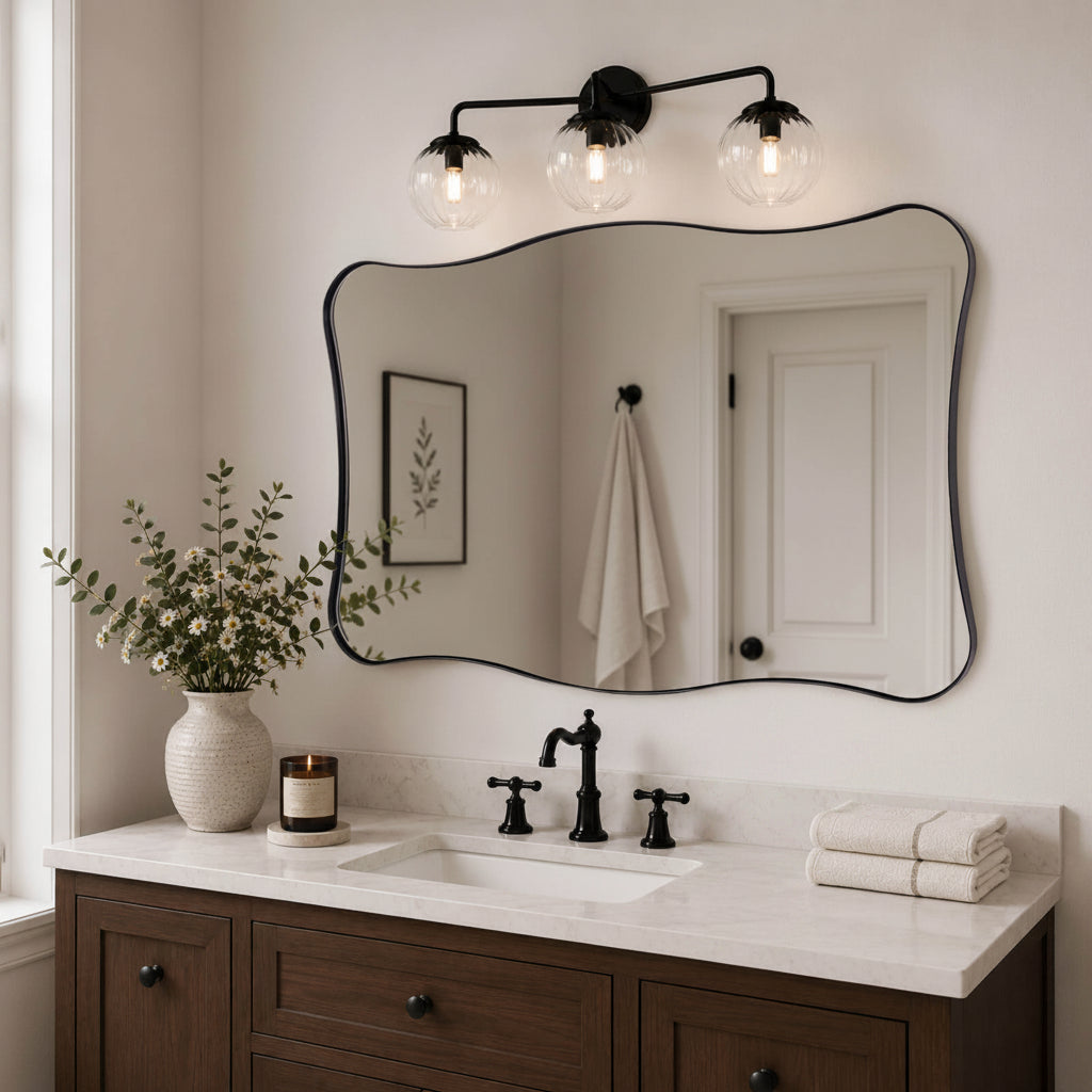 Contemporary Wavy Rectangle Scalloped Bathroom Wall Mirror | Stainless Steel Frame