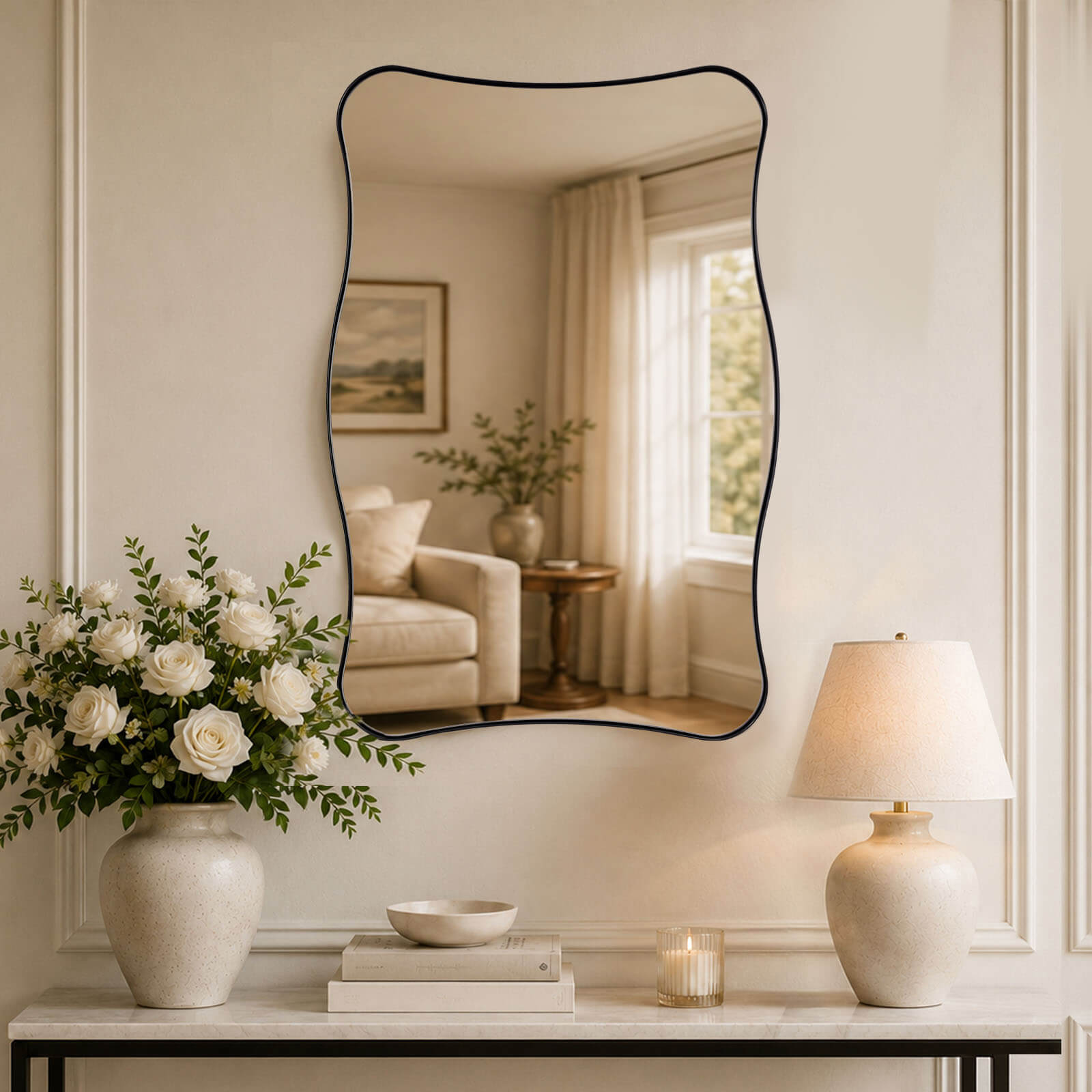 Contemporary Wavy Rectangle Scalloped Bathroom Wall Mirror | Stainless Steel Frame