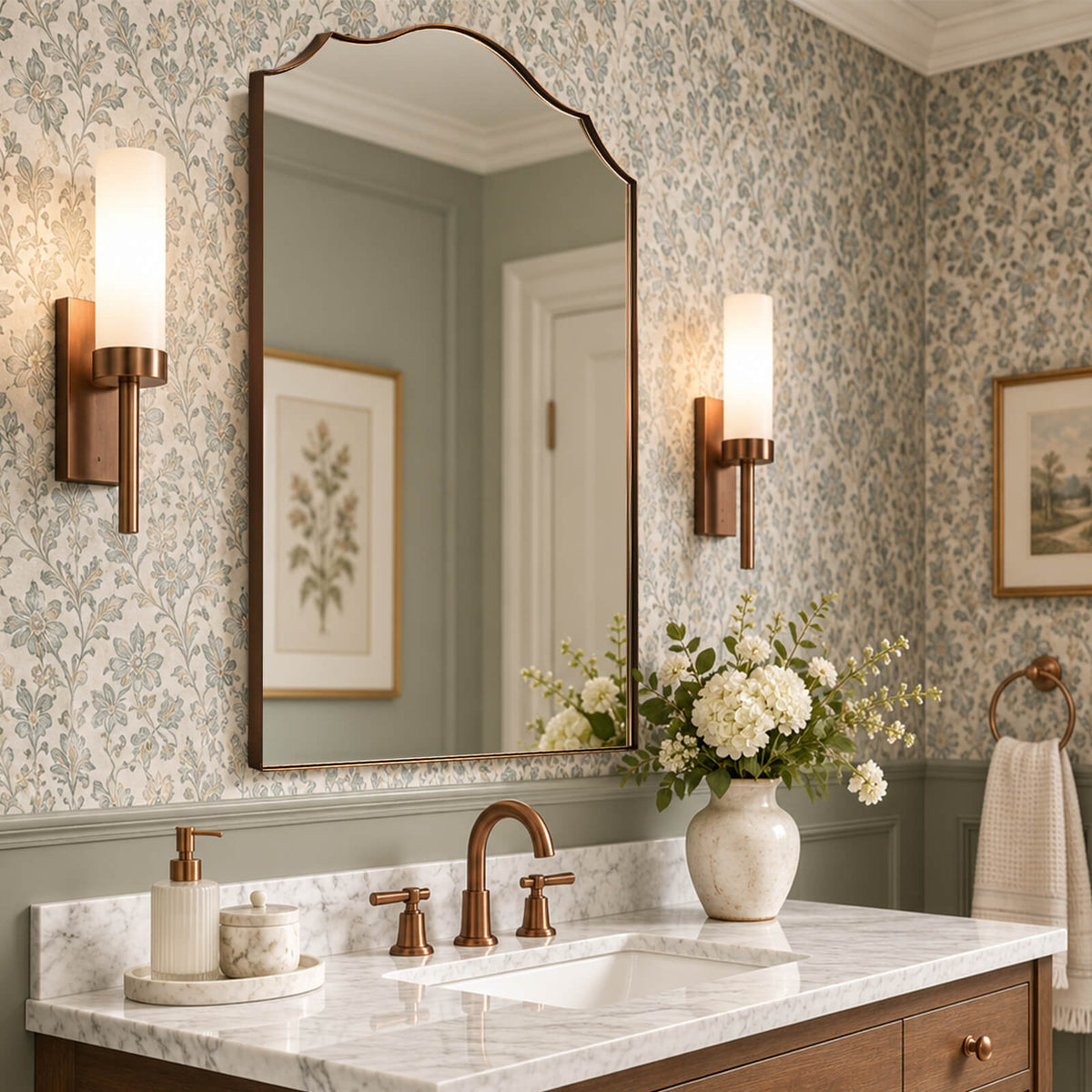 Contemporary Arched Curved Scalloped Mirror Bathroom Vanity Mirror | Stainless Steel Frame