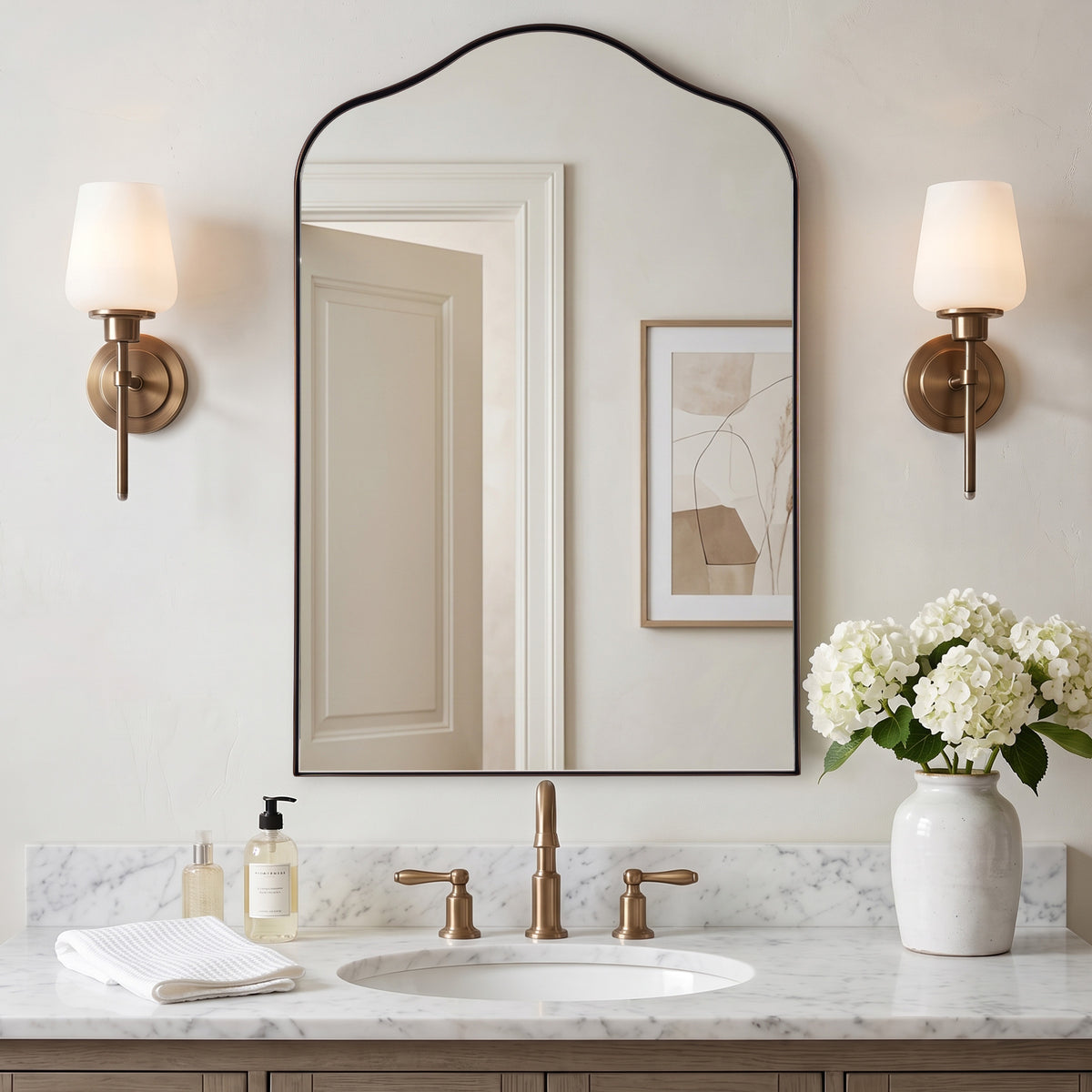 Contemporary Arched Scalloped Bathroom Vanity Mirror | Stainless Steel Frame