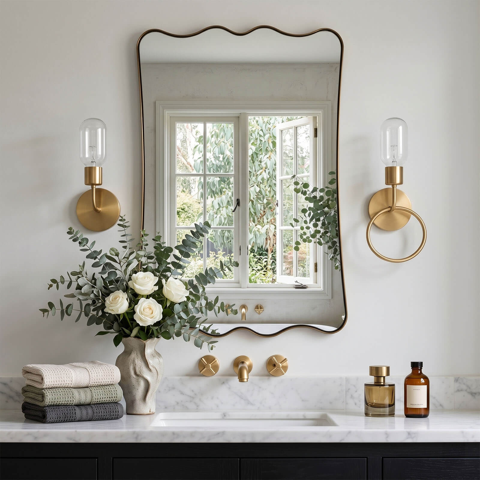 Contemporary Wavy Scalloped Rectangle Mirror Decorative Bathroom Mirror | Stainless Steel Frame