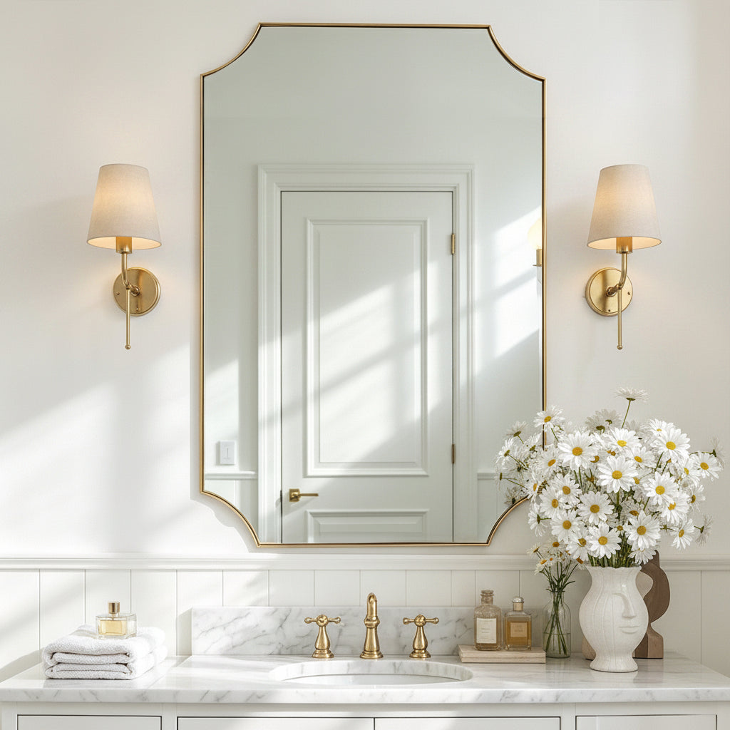 Contemporary Notched Corner Scalloped Rectangle Bathroom Vanity Mirror | Stainless Steel Frame