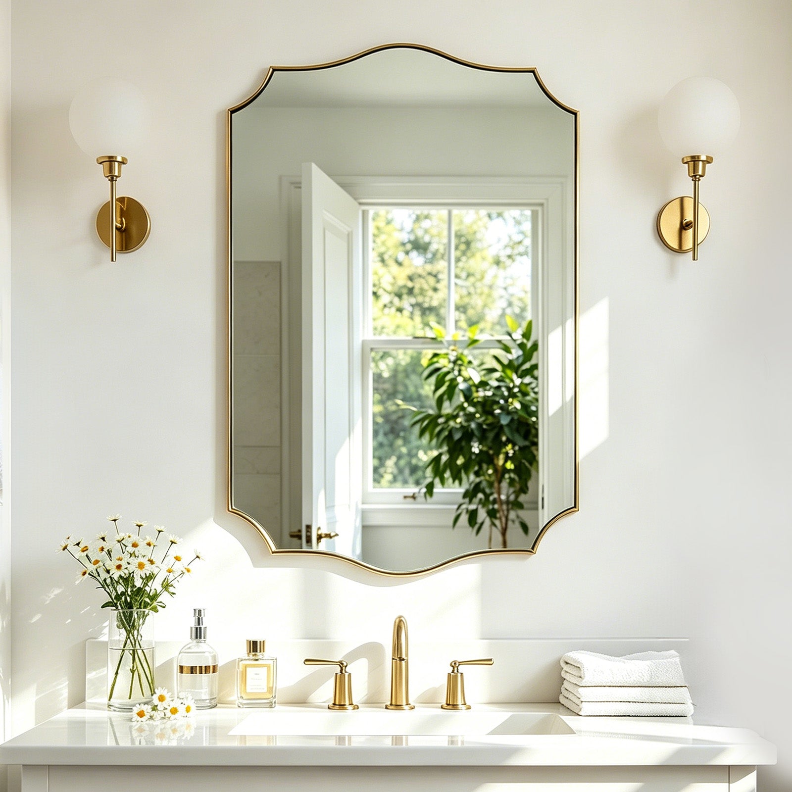 Traditional Rectangle Scalloped Wall Mirror for Bathroom | Stainless Steel Frame