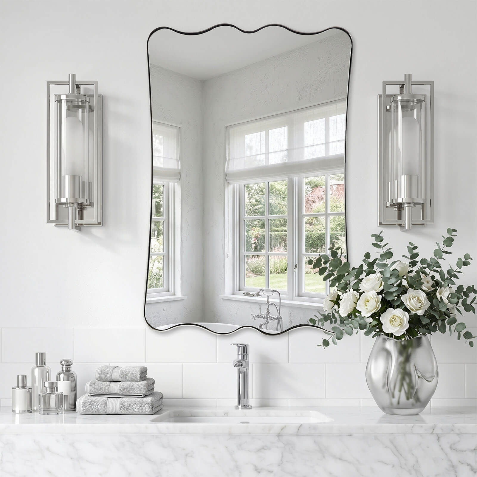 Contemporary Wavy Scalloped Rectangle Mirror Decorative Bathroom Mirror | Stainless Steel Frame