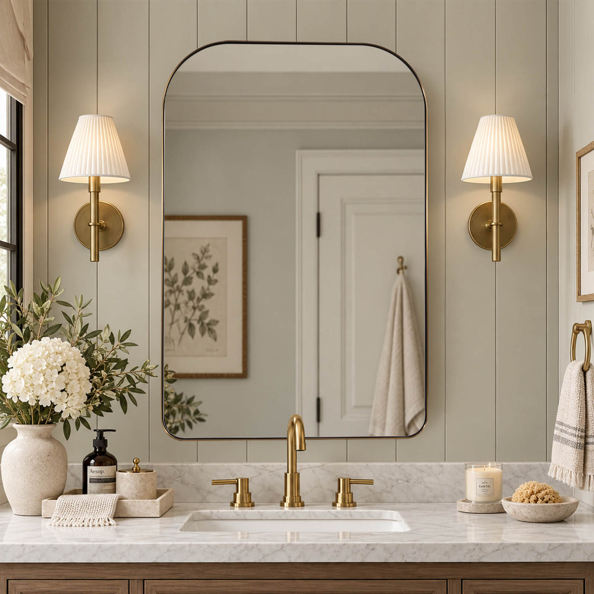 Modern Mantel Wide Arch Rectangle Bathroom Vanity Mirror | Stainless Steel Frame