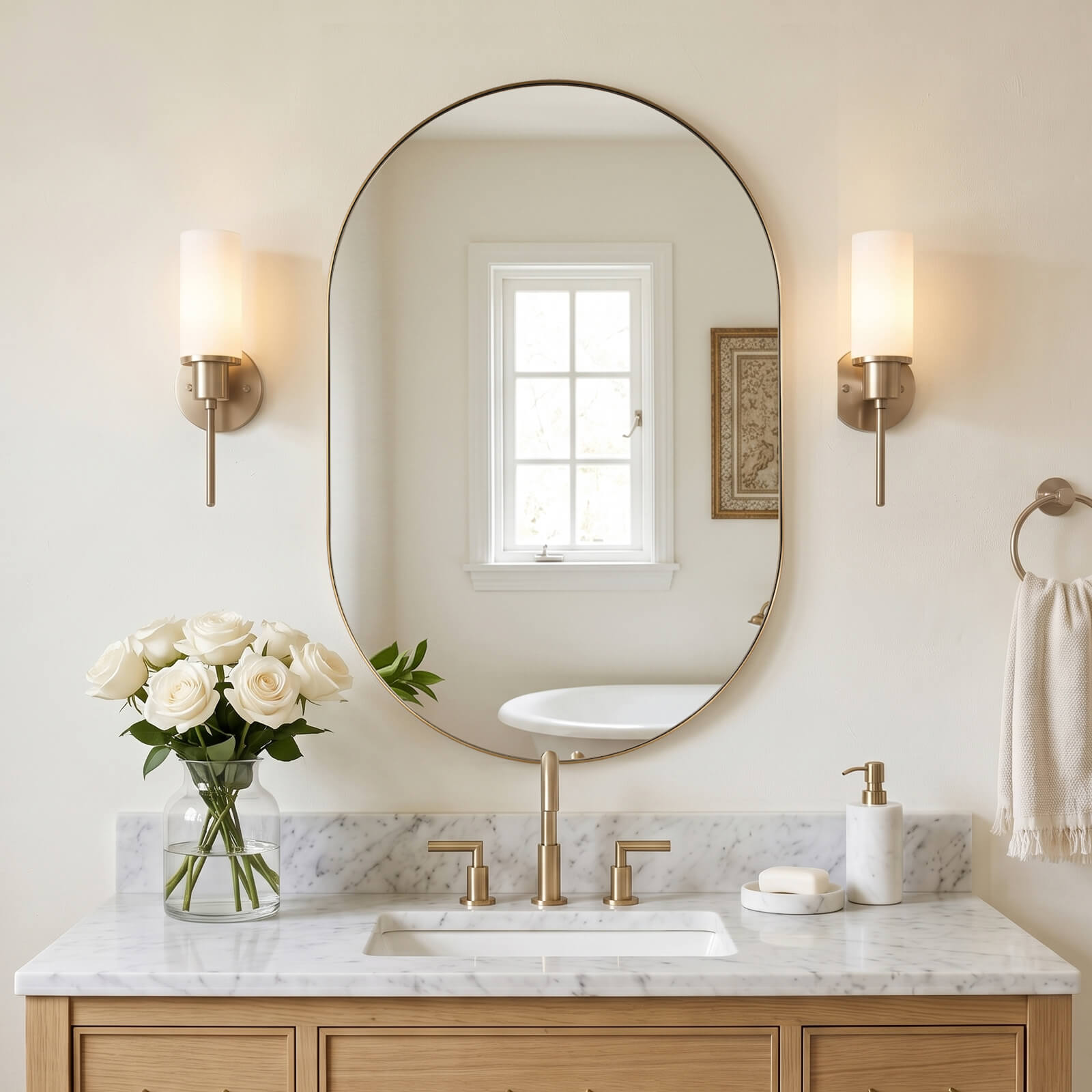 Modern Pill Shaped Capsule Wall Mirrors Long Oval Bathroom Vanity Mirror | Stainless Steel Frame