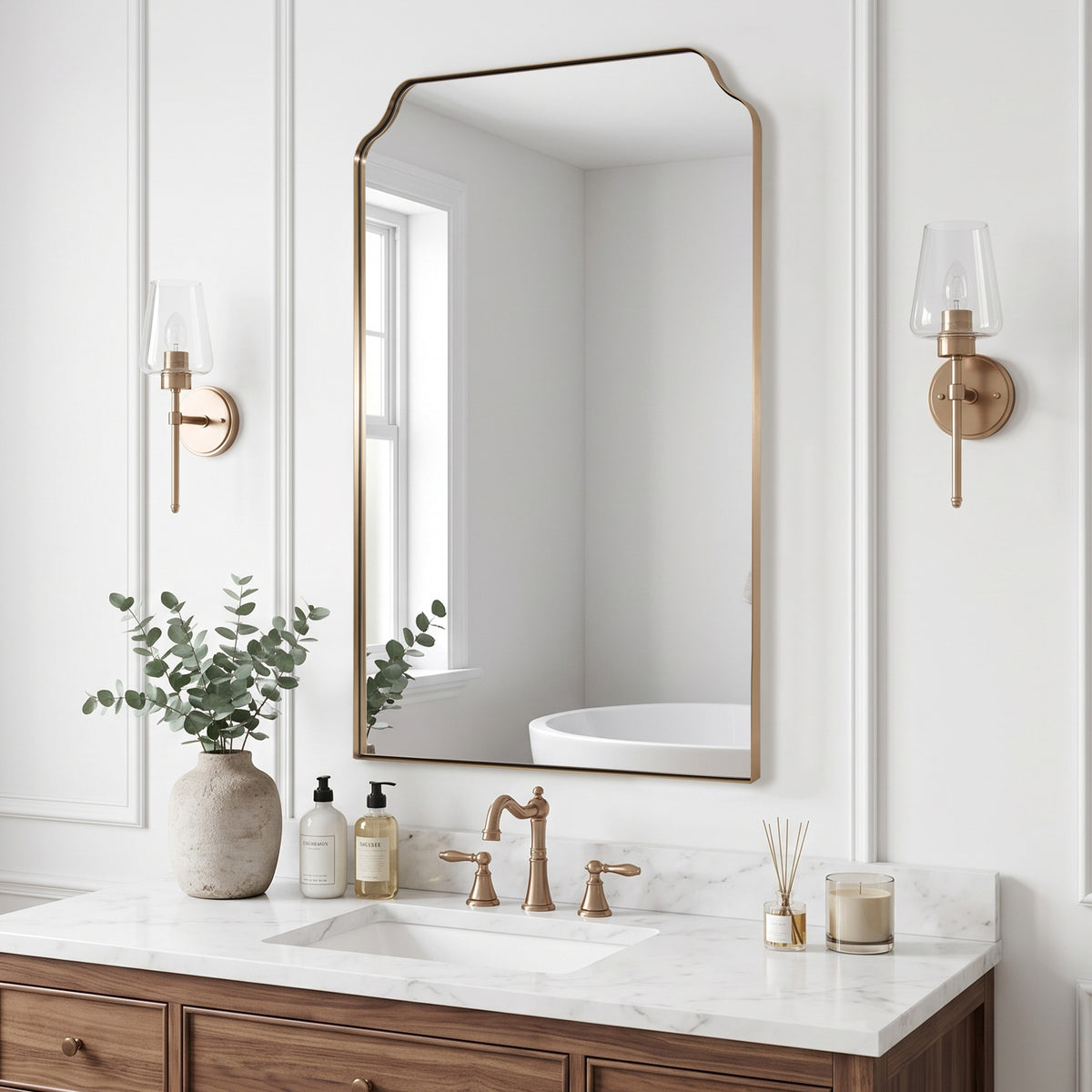 Contemporary Top Notched Corner Rectangle Scalloped Bathroom Vanity Mirror | Stainless Steel Frame