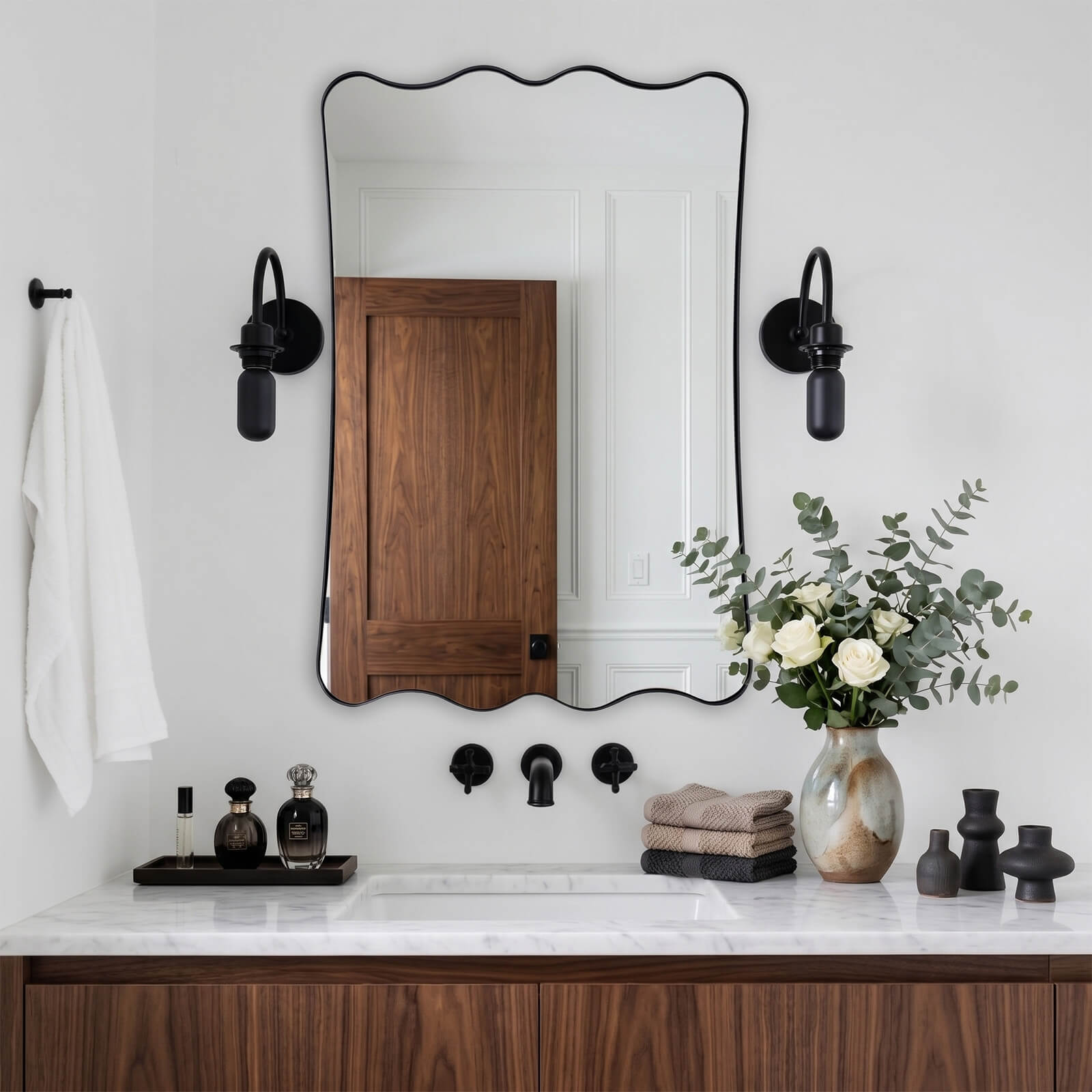 Contemporary Wavy Scalloped Rectangle Mirror Decorative Bathroom Mirror | Stainless Steel Frame