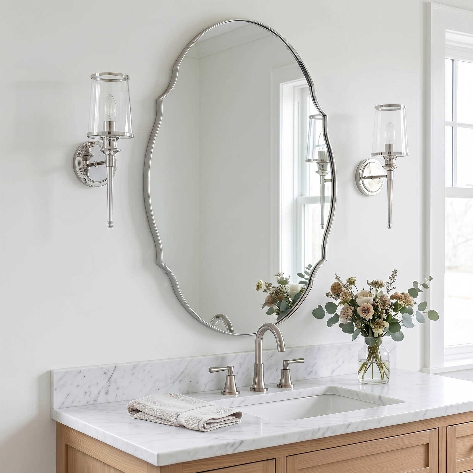 Contemporary Oval Scalloped Wall Mirror Irregular Bathroom Vanity Mirror| Stainless Steel Frame