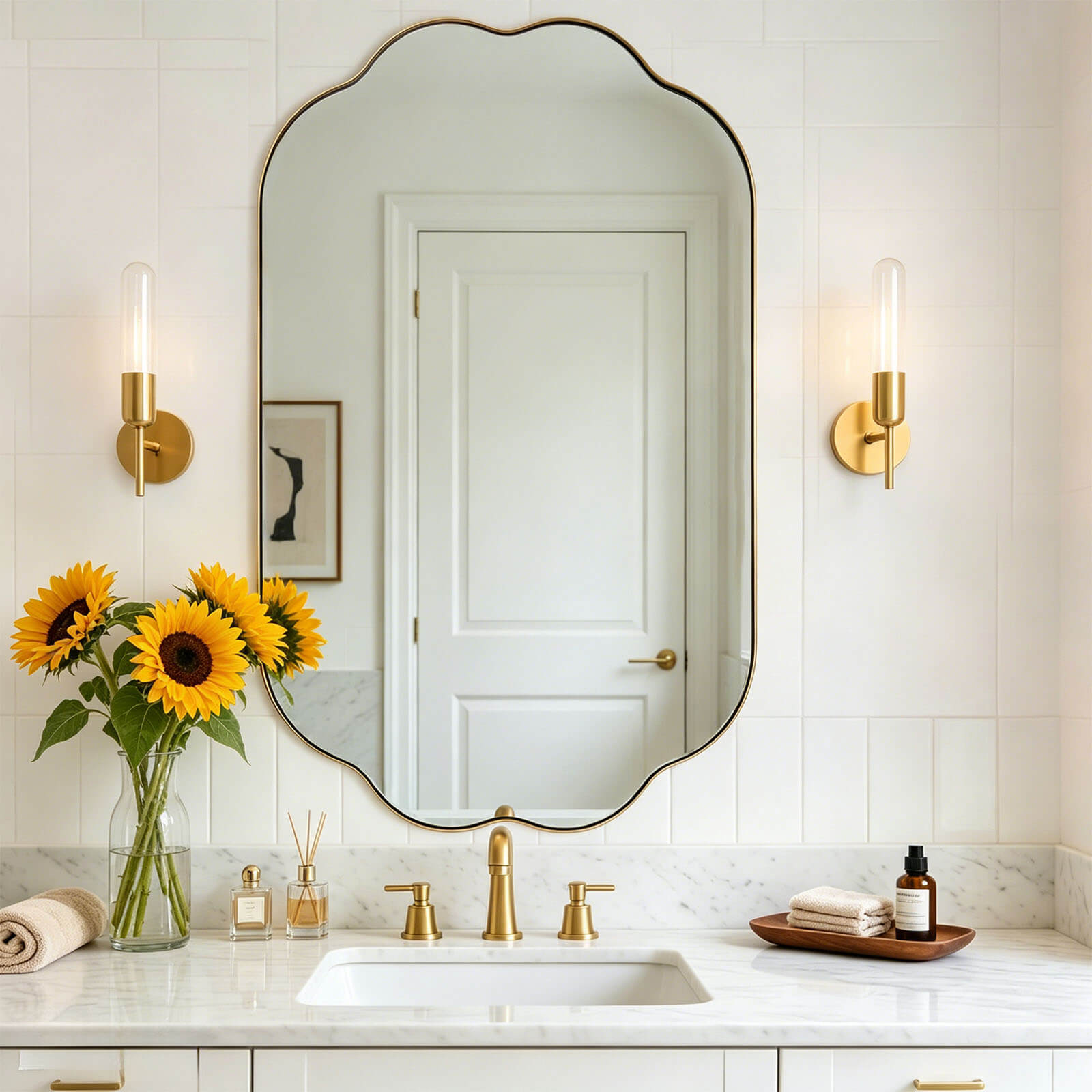 Contemporary Pill Shaped Long Oval Scalloped Bathroom Vanity Wall Mirror| Stainless Steel Framed
