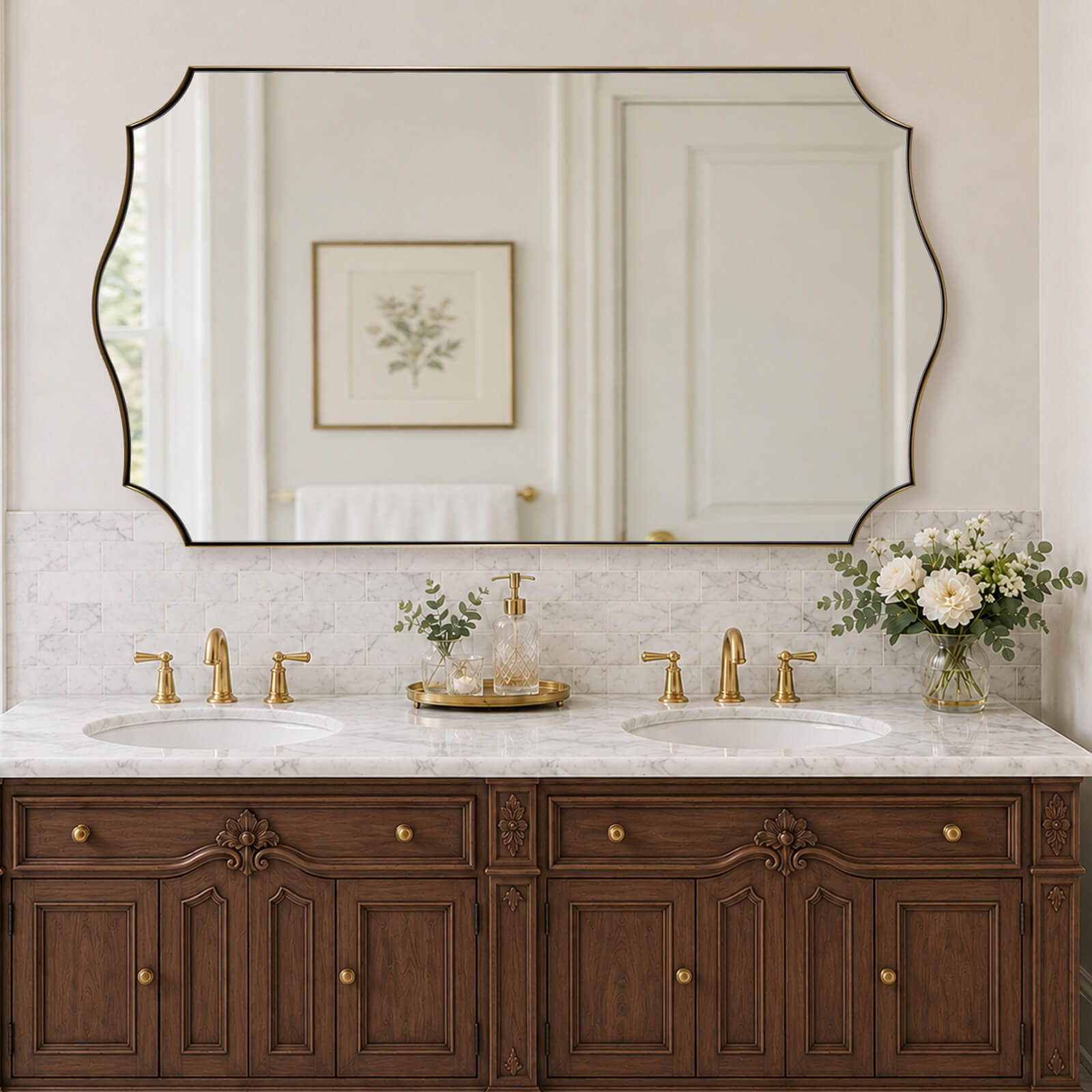 Contemporary Wavy Edge Scalloped Corner Rectangular Bathroom Vanity Mirror | Stainless Steel Frame