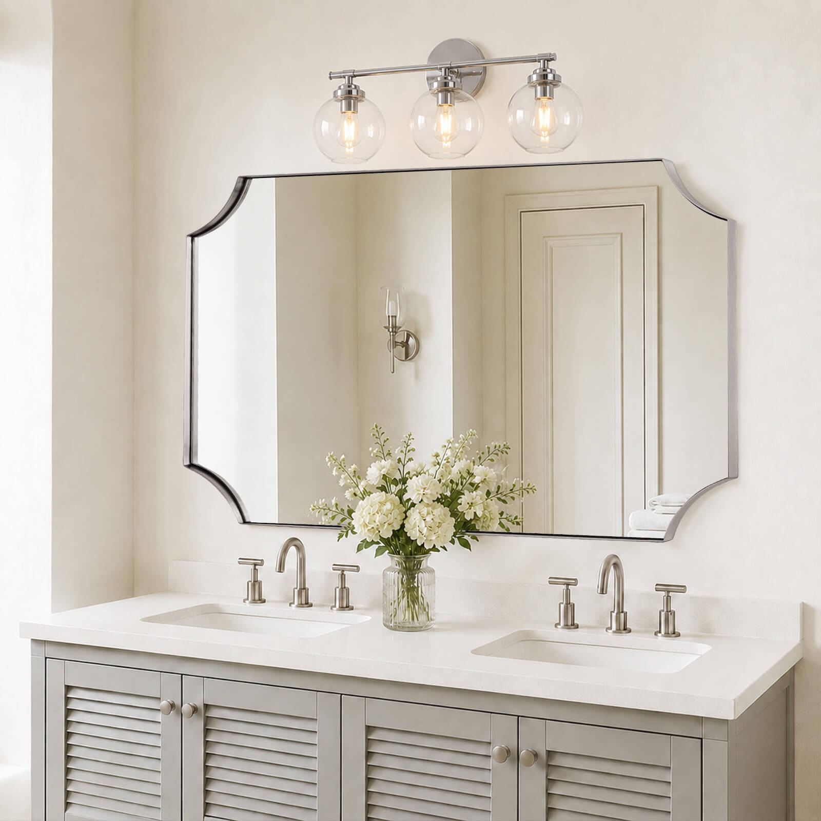 Modern Cut Corner Scalloped Rectangle Bathroom Vanity Mirror | Stainless Steel Frame