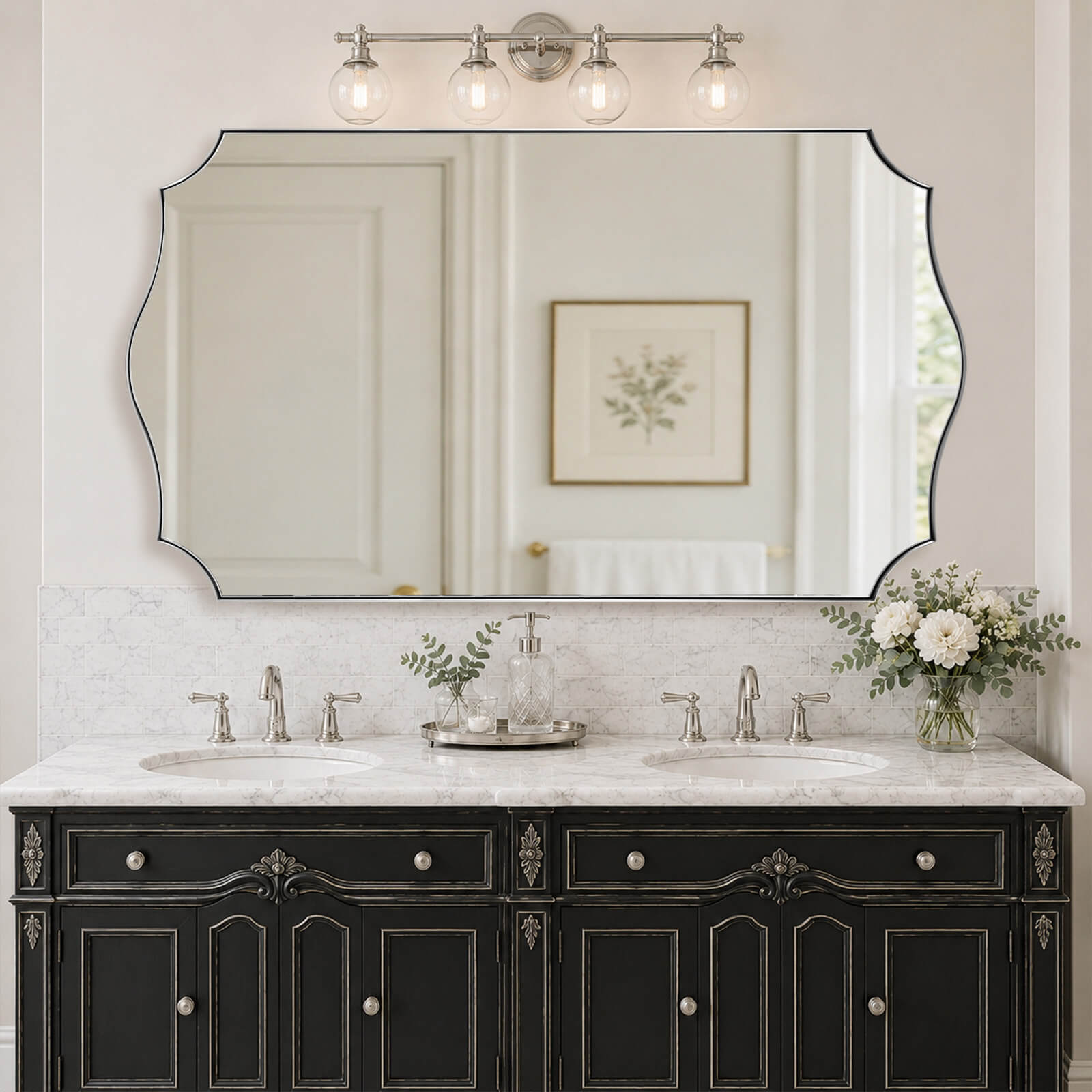 Contemporary Wavy Edge Scalloped Corner Rectangular Bathroom Vanity Mirror | Stainless Steel Frame