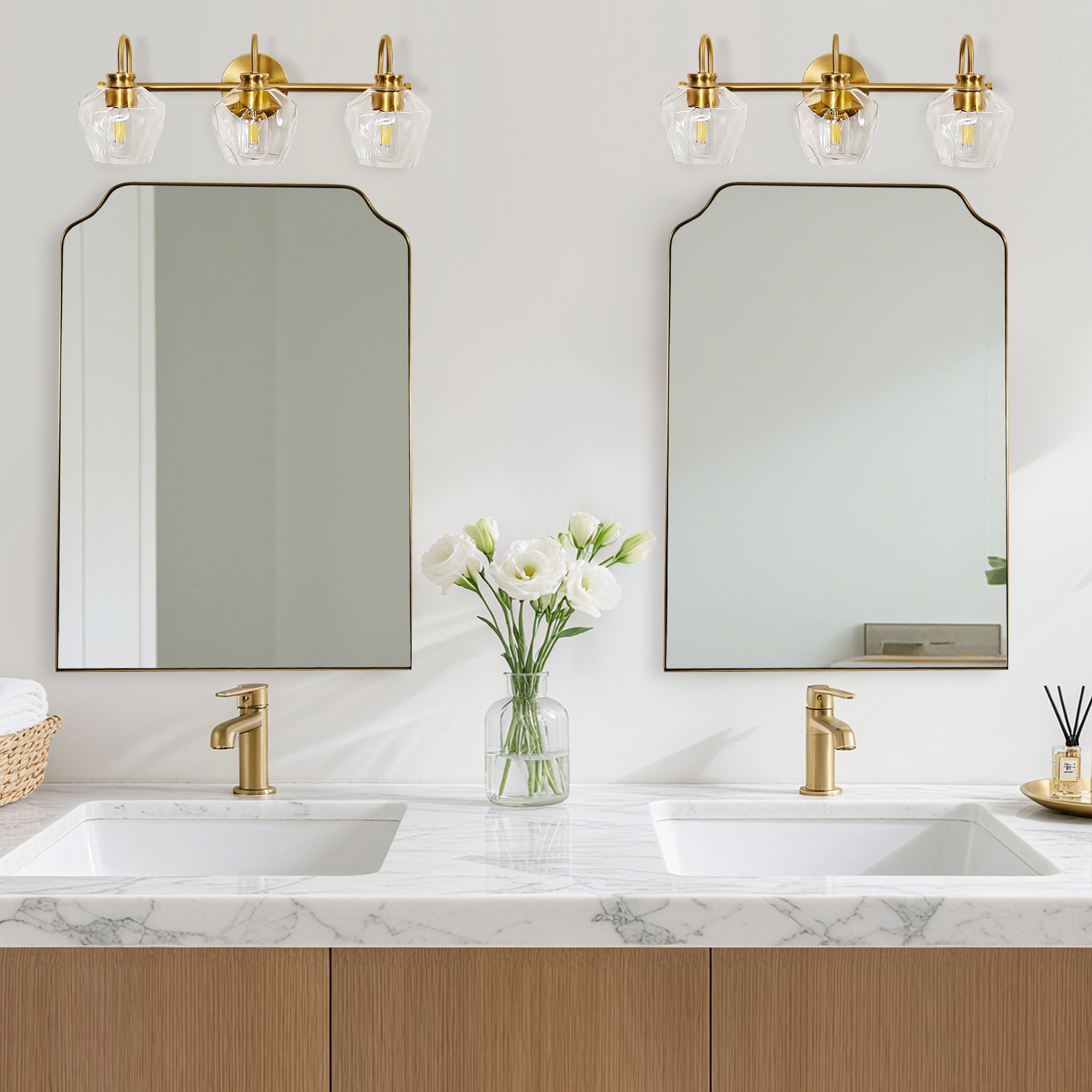 Modern Top Notched Corner Scalloped Bathroom Rectangle Vanity Wall Mirror | Stainless Steel Frame