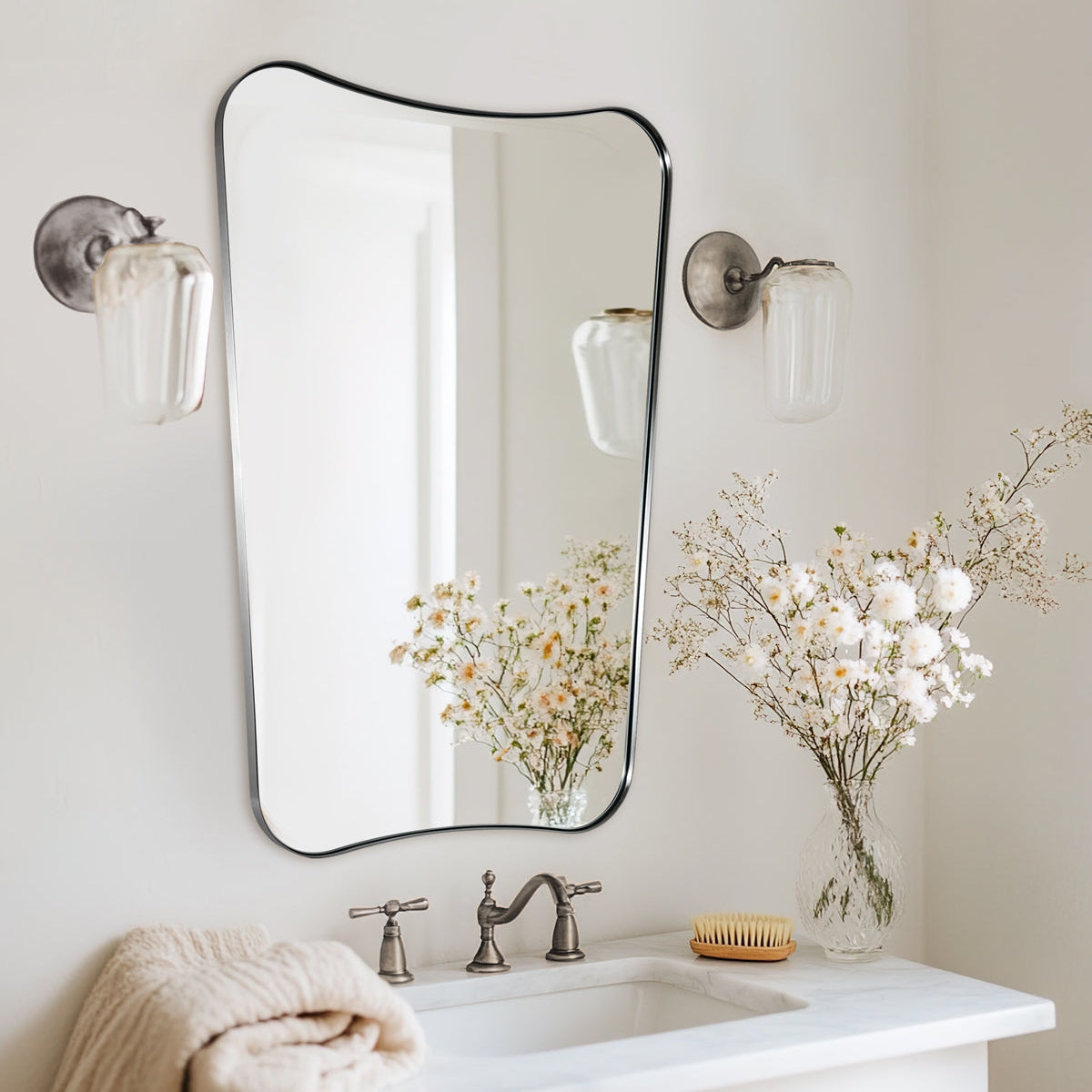 Modern Concave Top Rectangle Irregular Scalloped Bathroom Wall Mirror |Stainless Steel Frame
