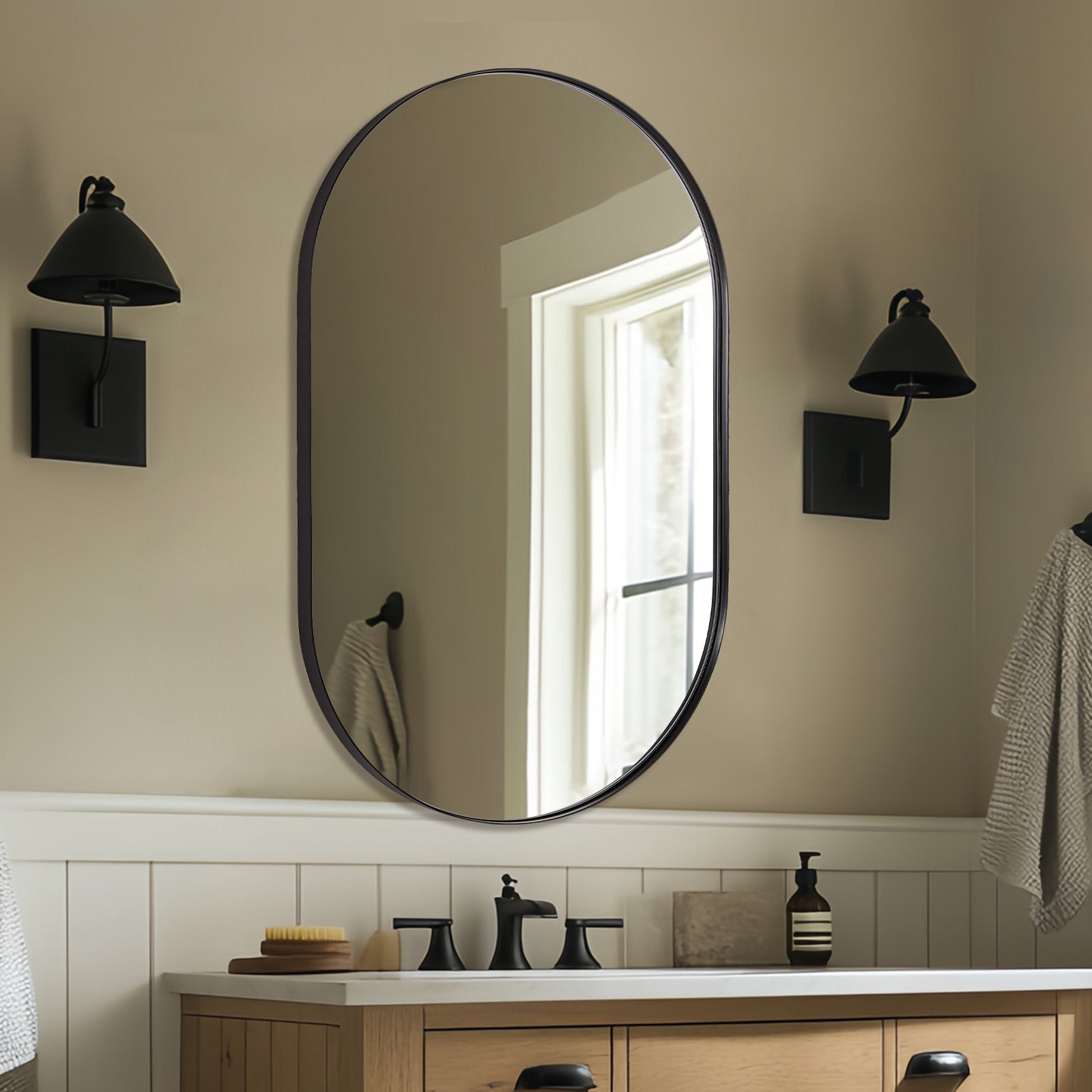 Modern Pill Shaped Capsule Wall Mirrors Long Oval Bathroom Vanity Mirror | Stainless Steel Frame