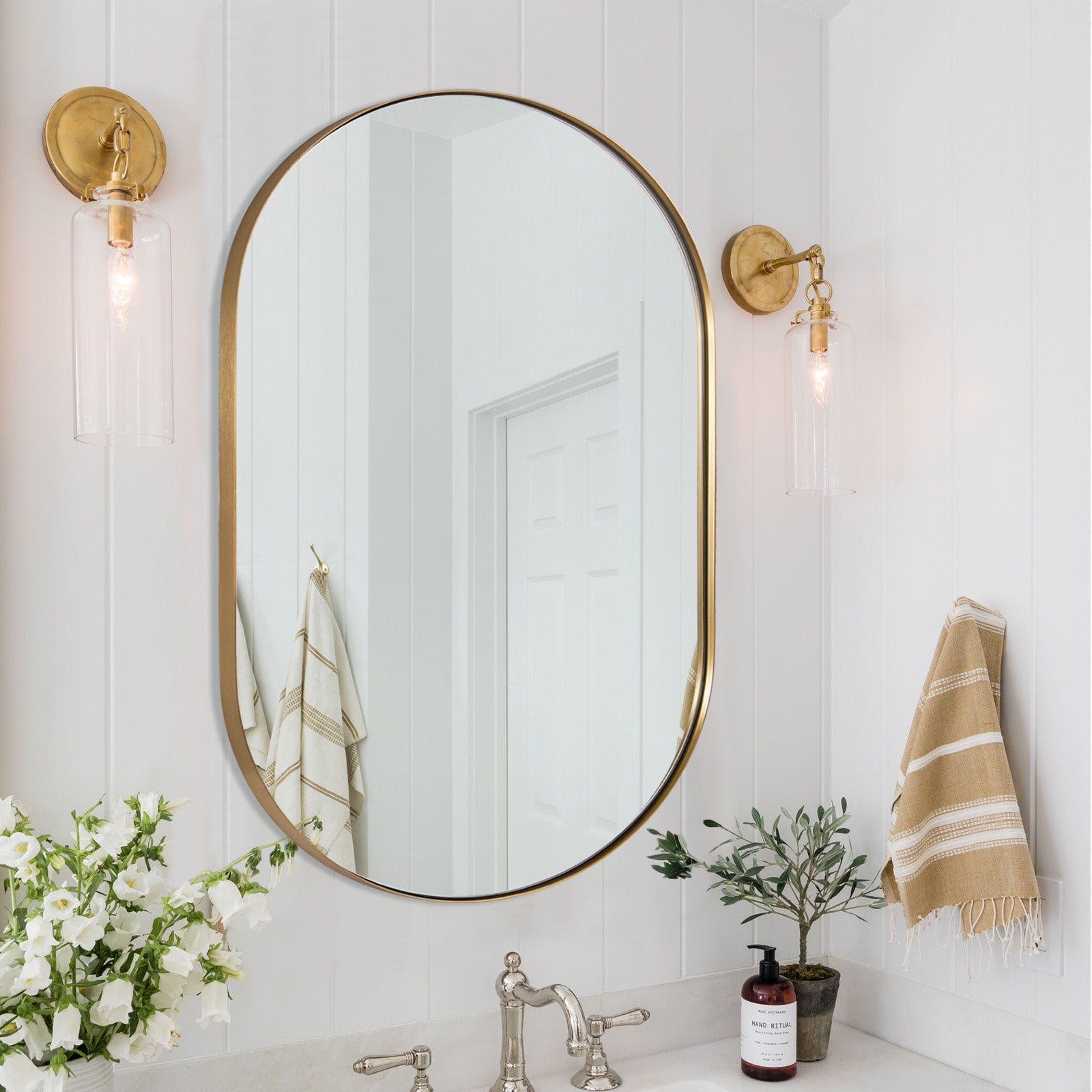 Modern Pill Shaped Capsule Wall Mirrors Long Oval Bathroom Vanity Mirror | Stainless Steel Frame