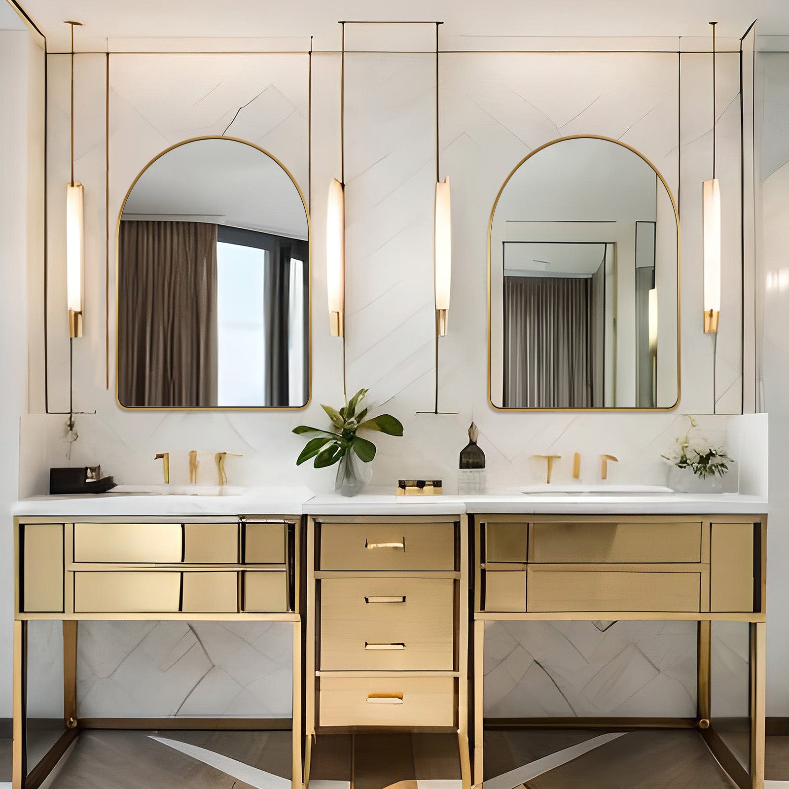 Contemporary Bold Stainless Steel Framed Arched Wall Mirrors for Bathroom, Living Room, Entry