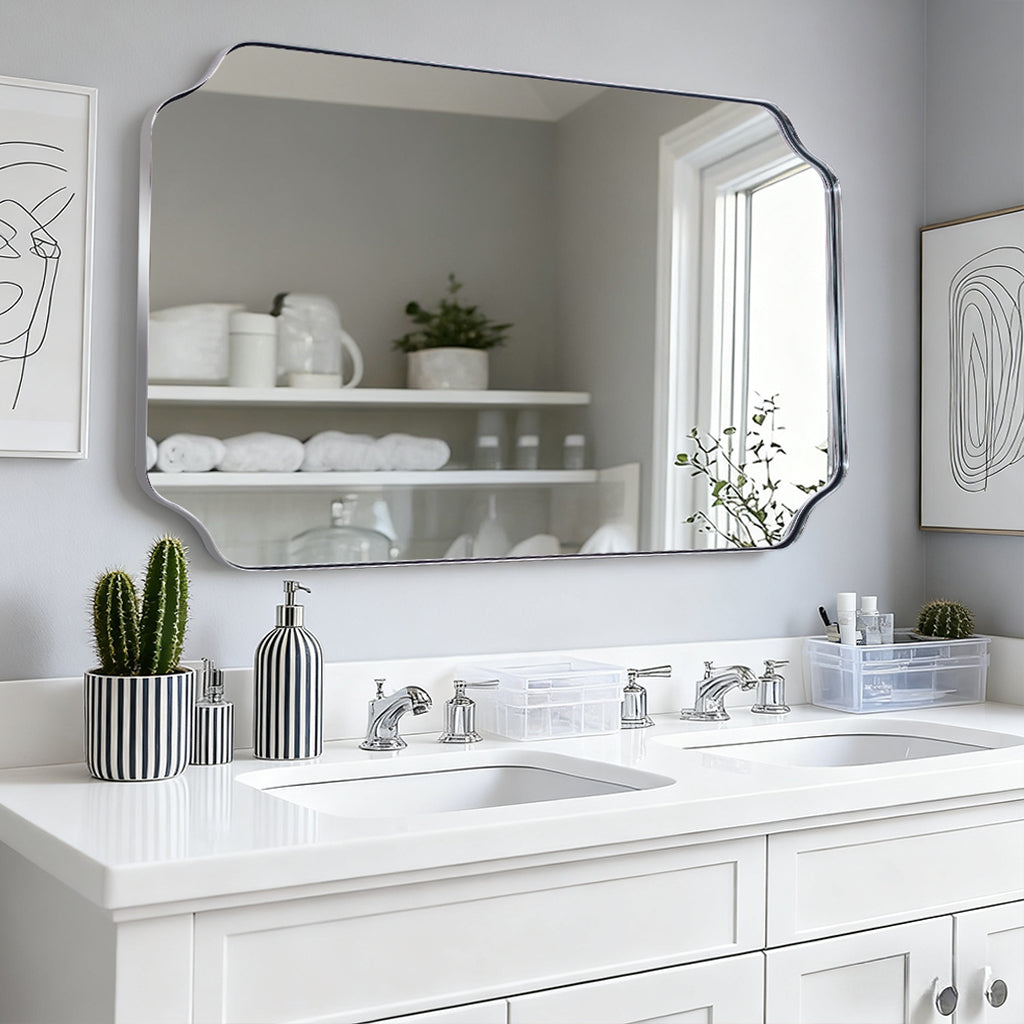 Contemporary Notched Corner Rectangle Scalloped Mirror for Wall /Bathroom | Stainless Steel Frame