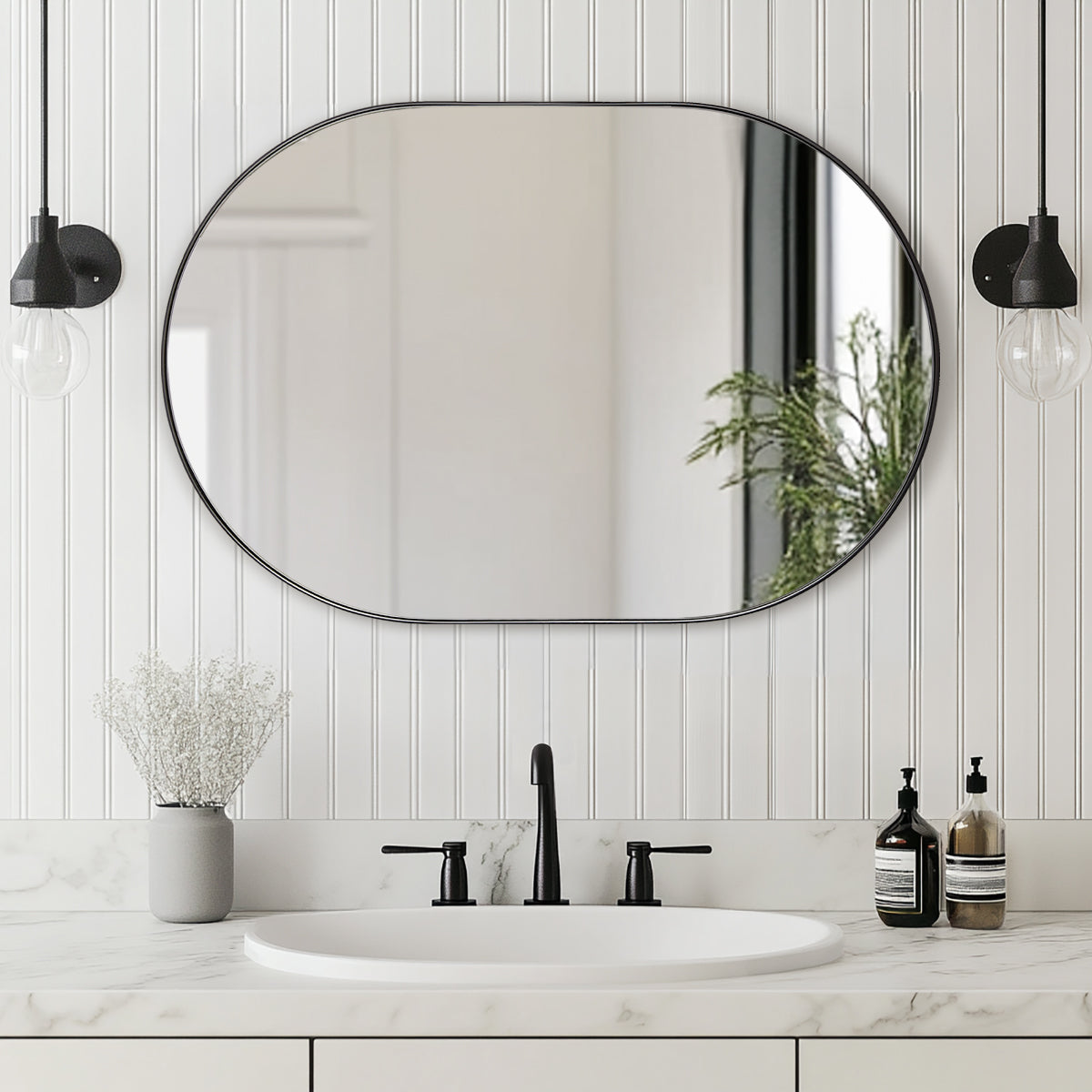 Open Box Like New : Contemporary Pill / Capsule Shaped Bathroom Wall Mirrors | Stainless Steel Framed
