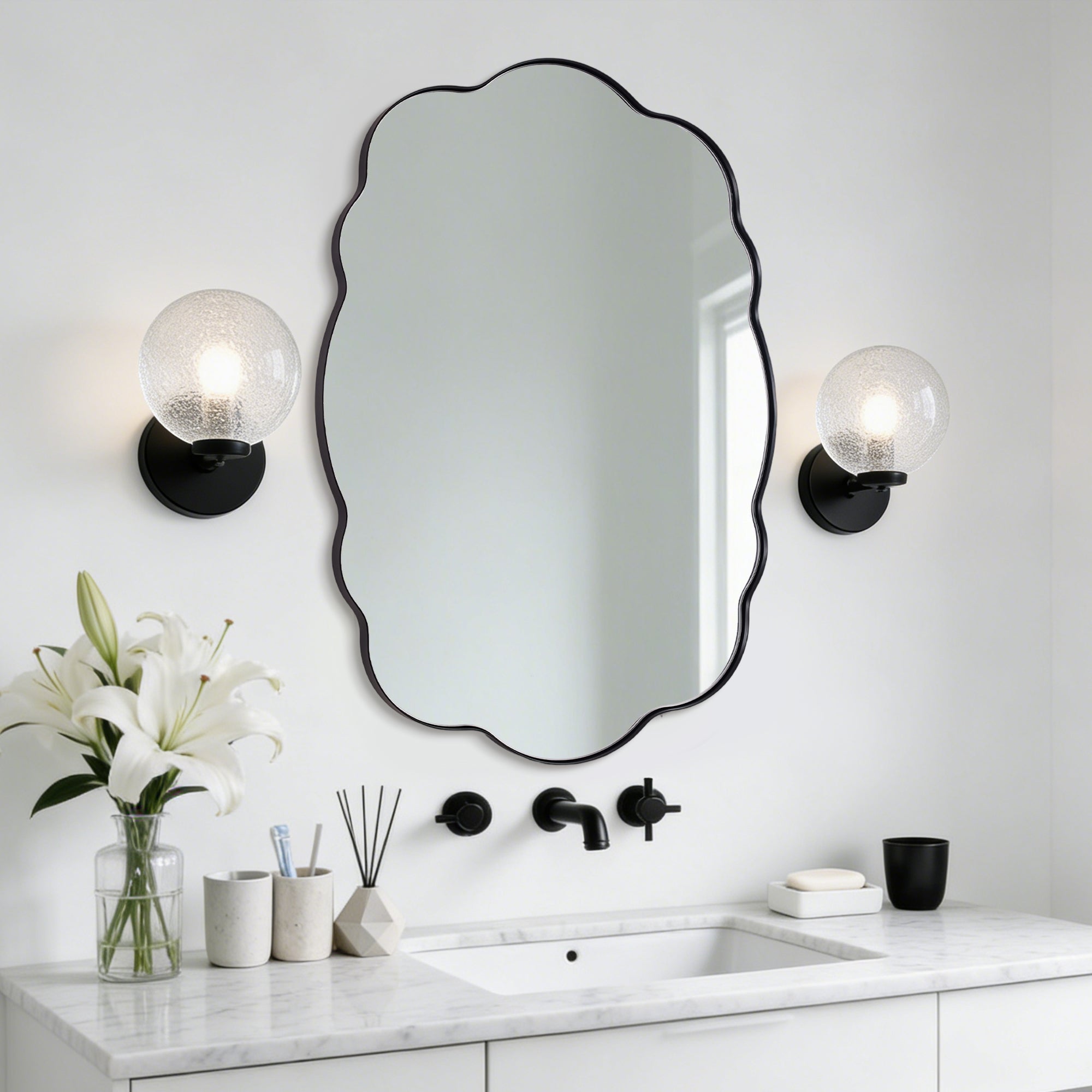Contemporary Wavy Oval Scalloped Bathroom Vanity Mirror Irregular Organic Mirror| Stainless Steel Framed