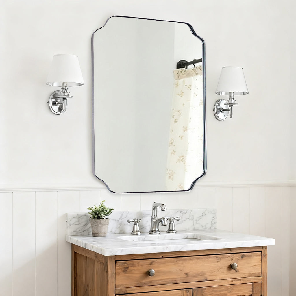 Contemporary Notched Corner Rectangle Scalloped Mirror for Wall /Bathroom | Stainless Steel Frame