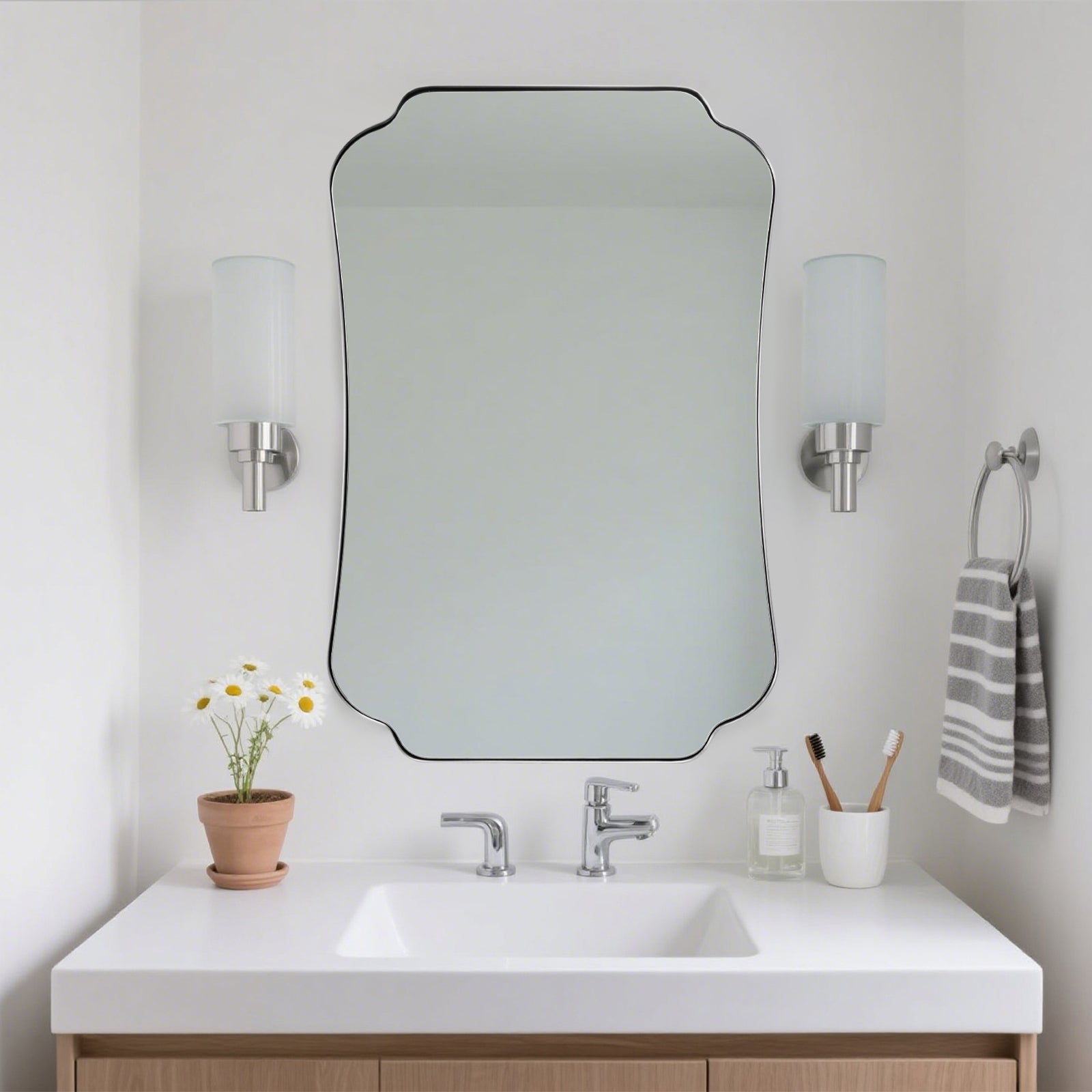 Contemporary Concave Edge Scalloped Bathroom Mirror Decorative | Stainless Steel Frame