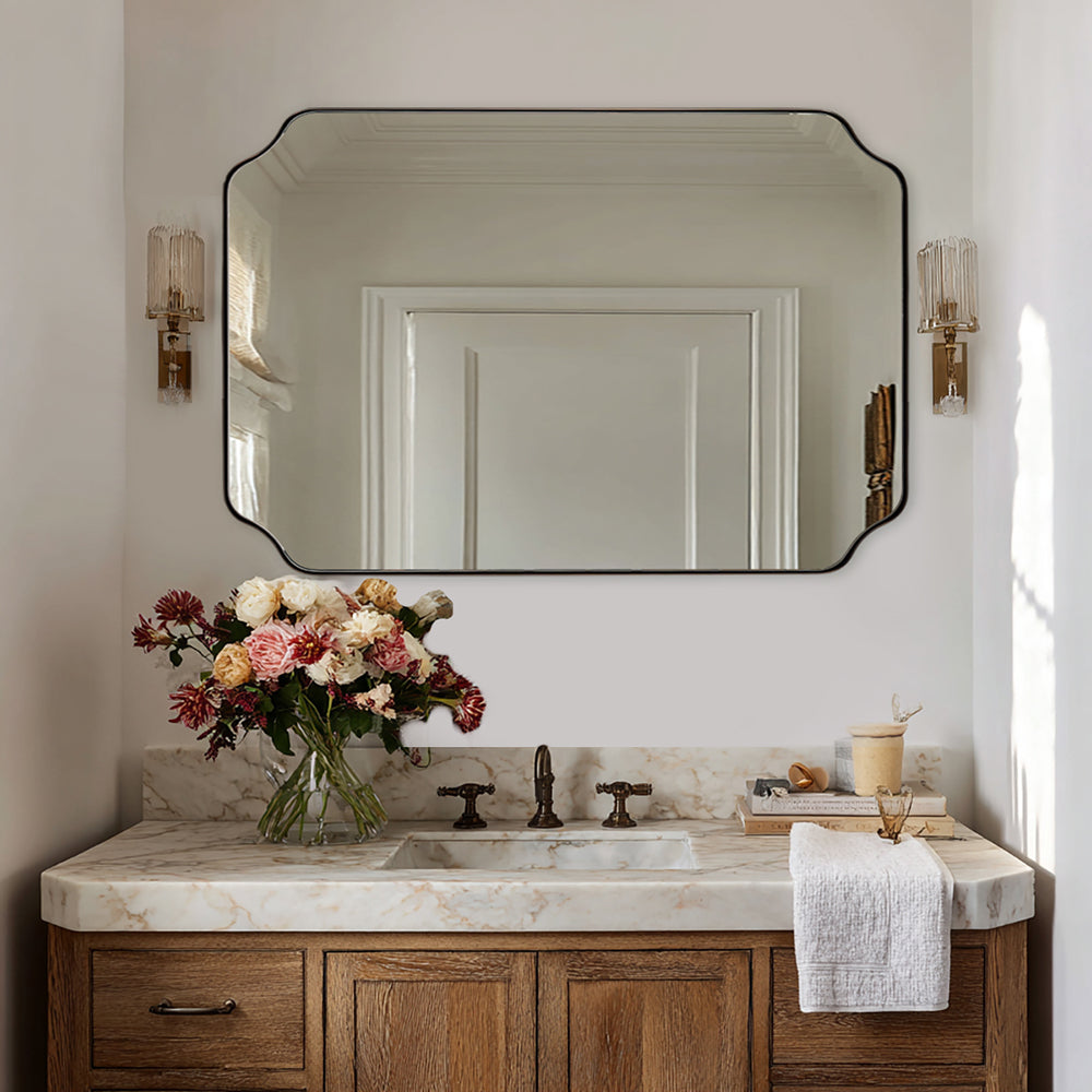 Open Box Like New:Notched Corner Rectangle Scalloped Mirror | Stainless Steel Frame