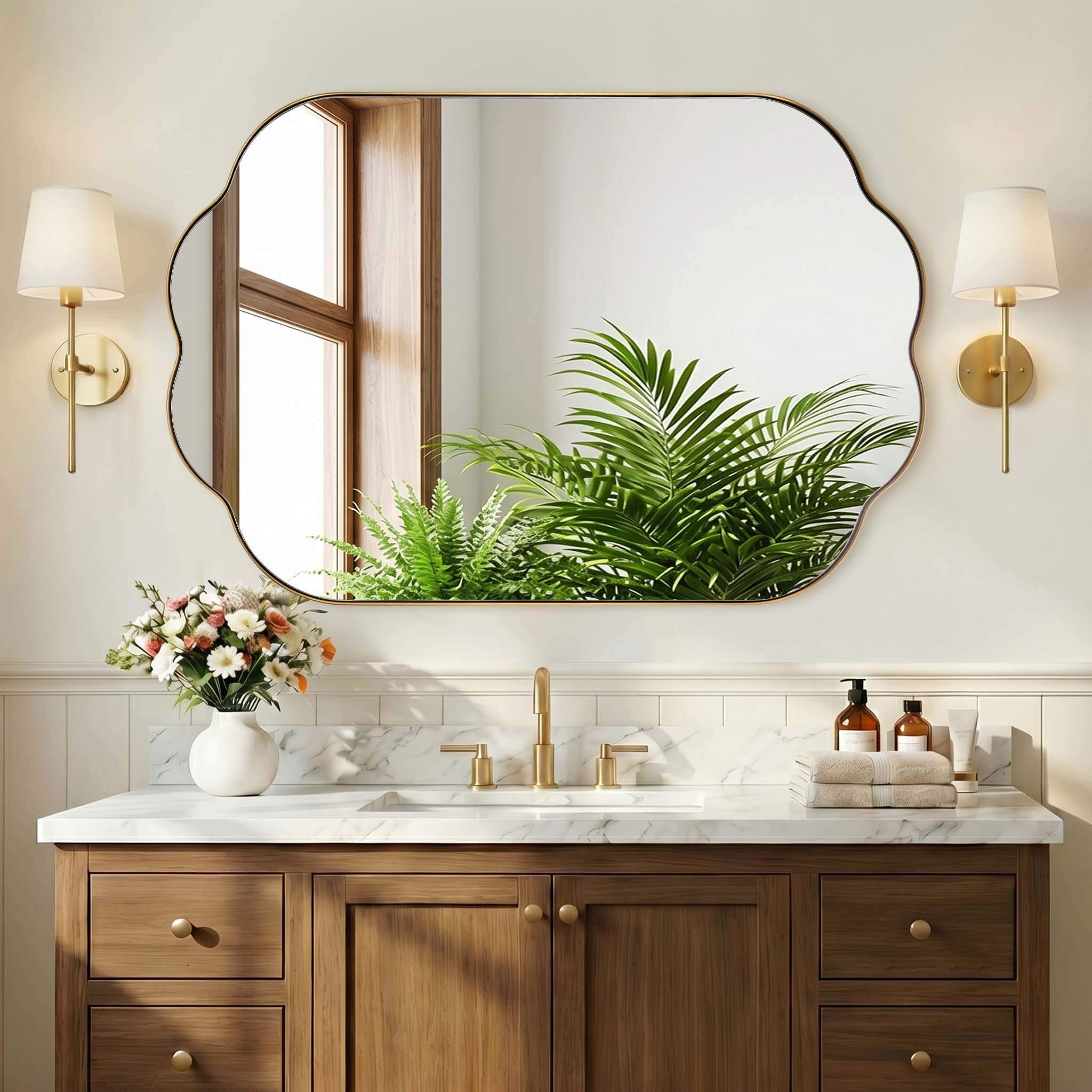 Contemporary Pill Shaped Long Oval Scalloped Bathroom Vanity Wall Mirror| Stainless Steel Framed